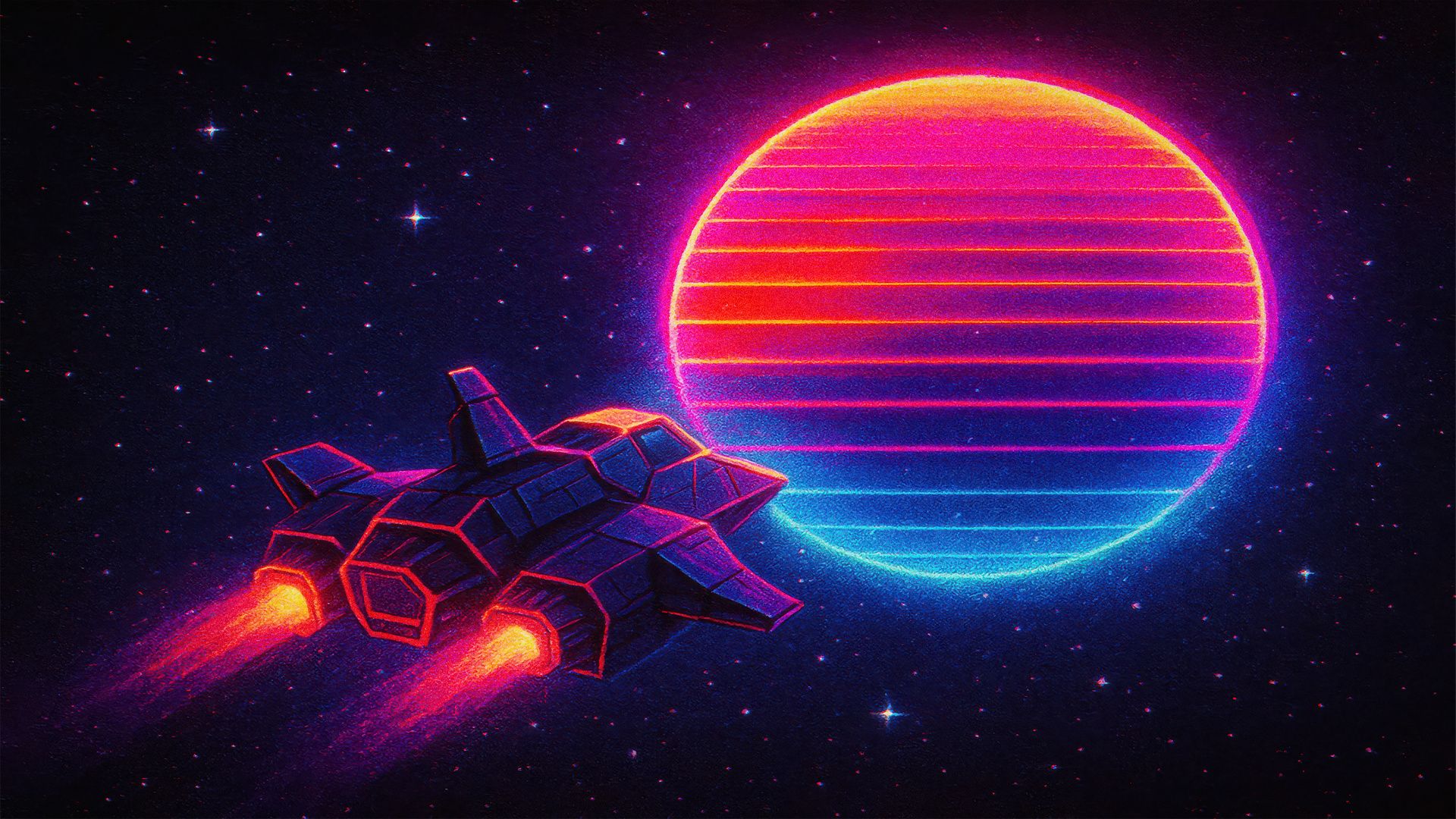 1920x1080 Retro Spaceship Flying Past Neon Sunset Planet Laptop Full HD 1080P , HD 4k Wallpaper, Image, Background, Photos and Picture