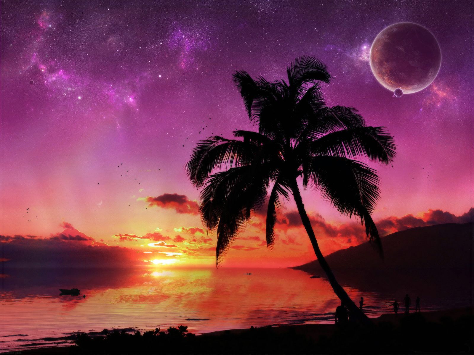 1600x1200 Desktop wallpaper: Tree, Sunset, Planet, Sci Fi, Sunrise, Ocean, Palm Tree, Water 4K free download for PC. 1076898