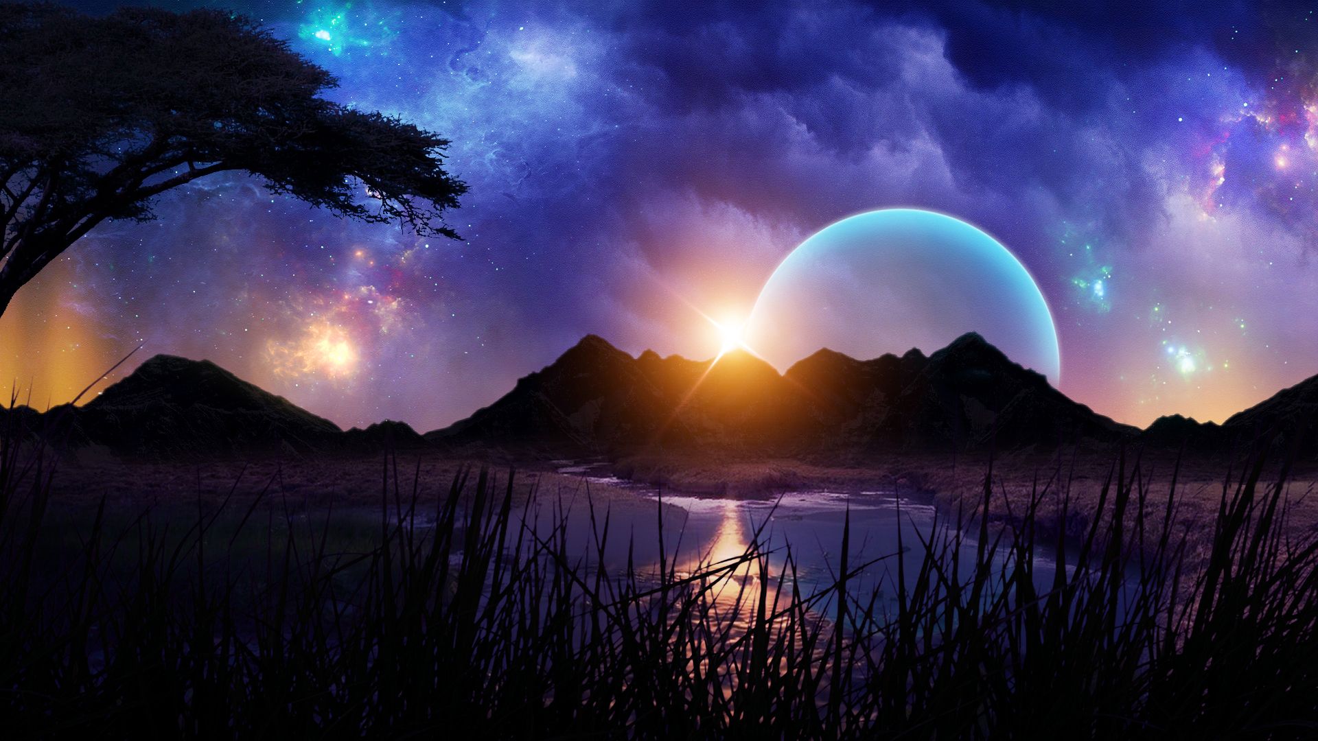 1920x1080 Desktop wallpaper: Sci Fi, Planet Rise, Lake, Mountain, Sky, Sunset 4K free download for PC. 1052504