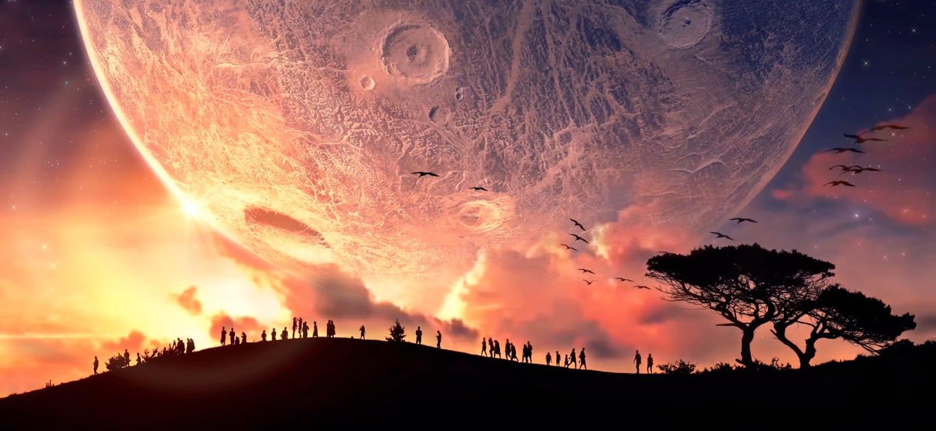 1366x630 Sunset, Mountains, Moon. Free Stock Video