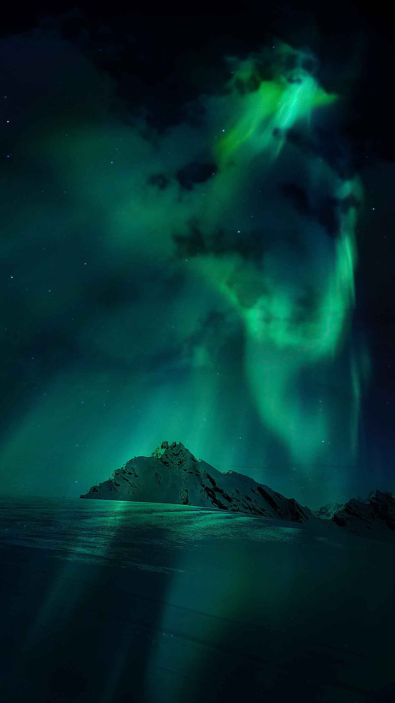 800x1422 Green Northern Lights, black, blue, clouds, cosmic, cosmos, light, mountains, HD phone wallpaper