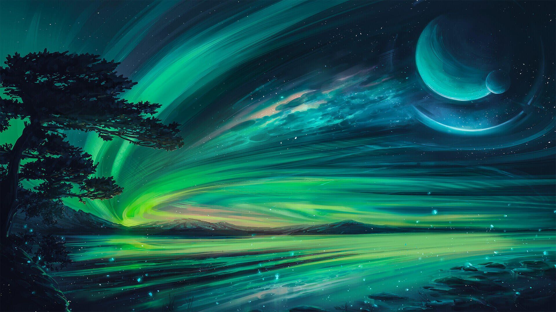 1920x1080 HD Wallpaper: Stunning Green Aurora Borealis Night Sky Landscape