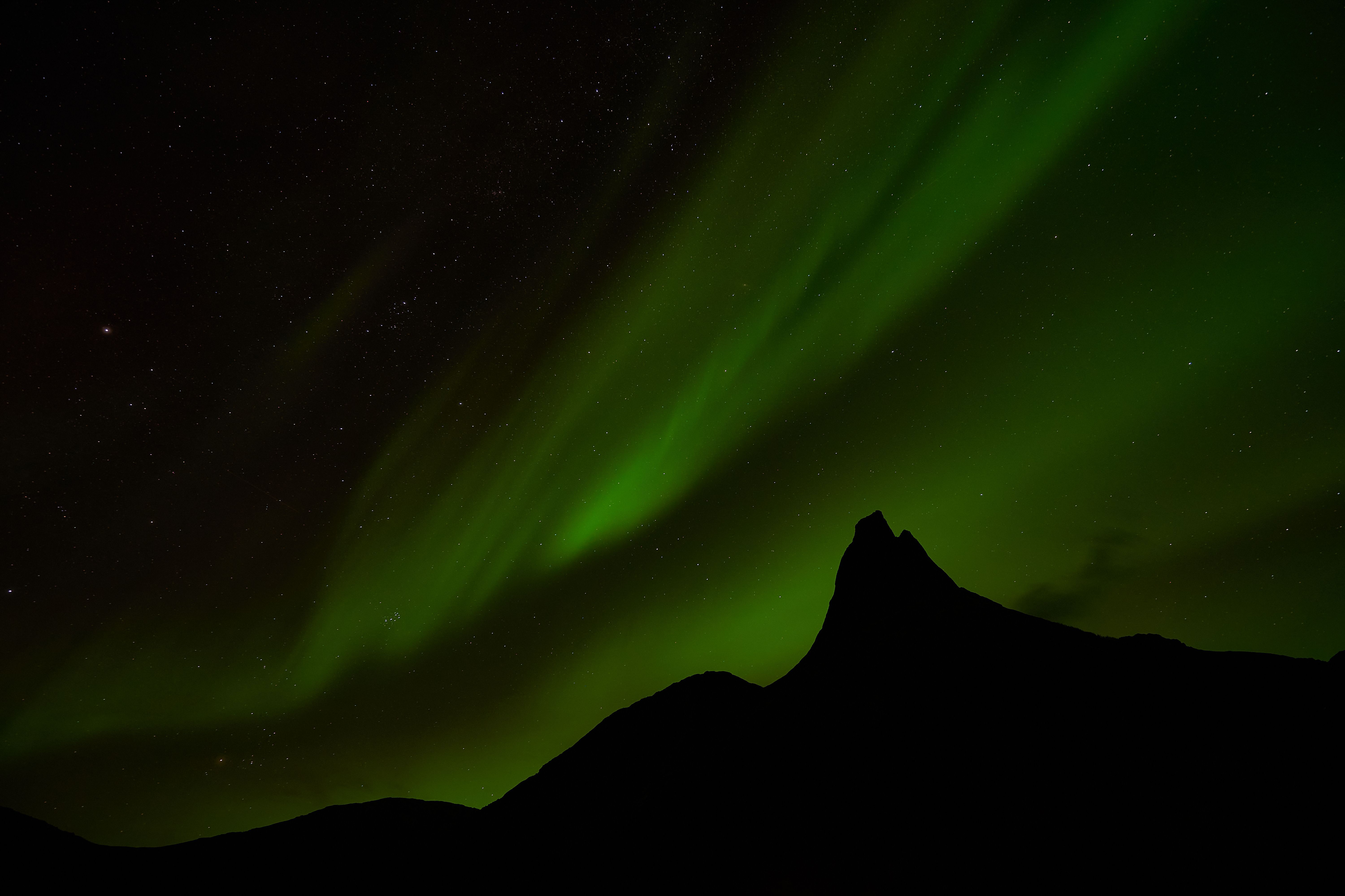 6000x4000 Silhouette of Mountain Under Green Sky during Night Time · Free
