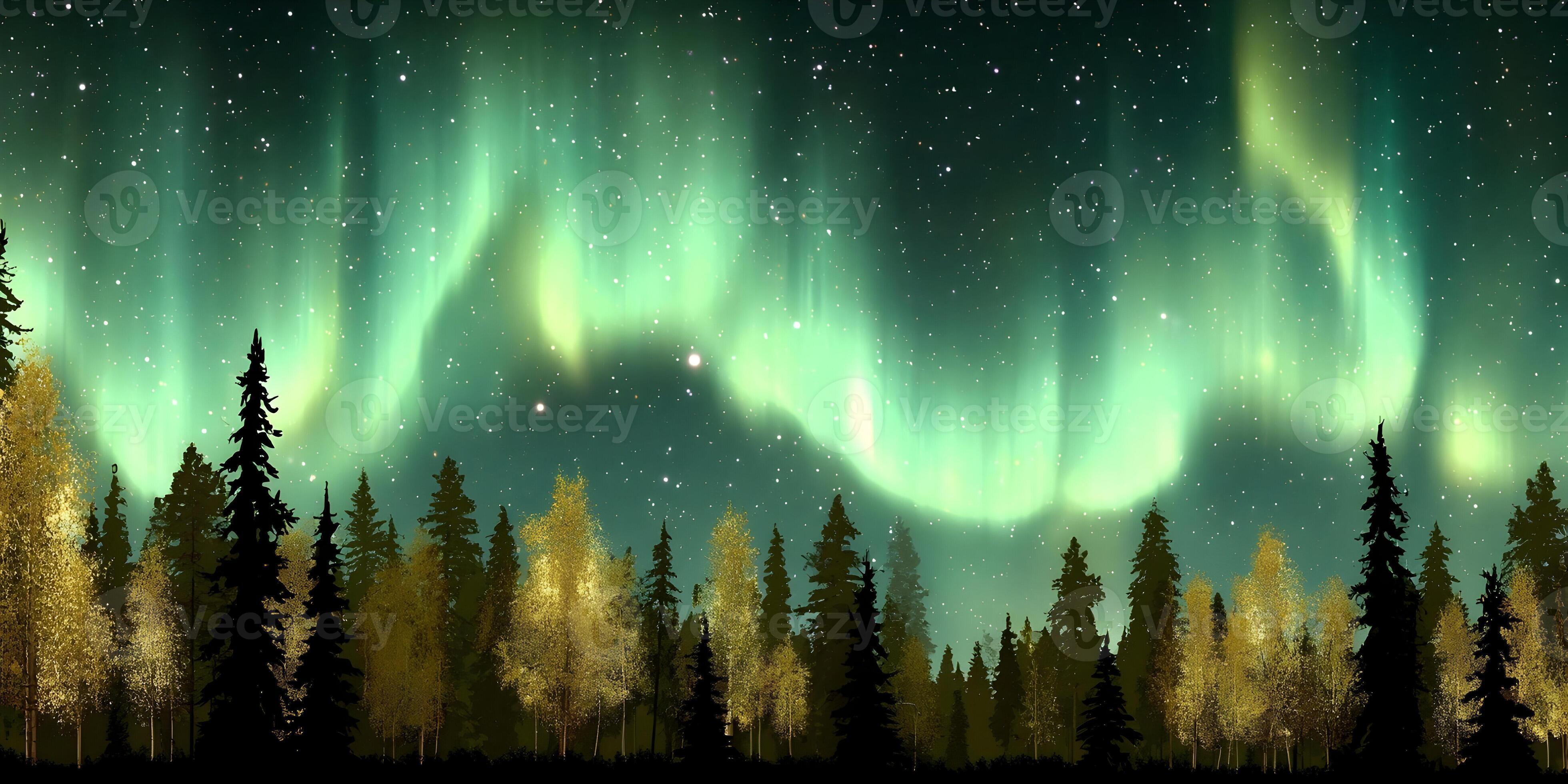 3920x1960 Green northern lights illuminate a starry night sky above a dark forest with golden trees