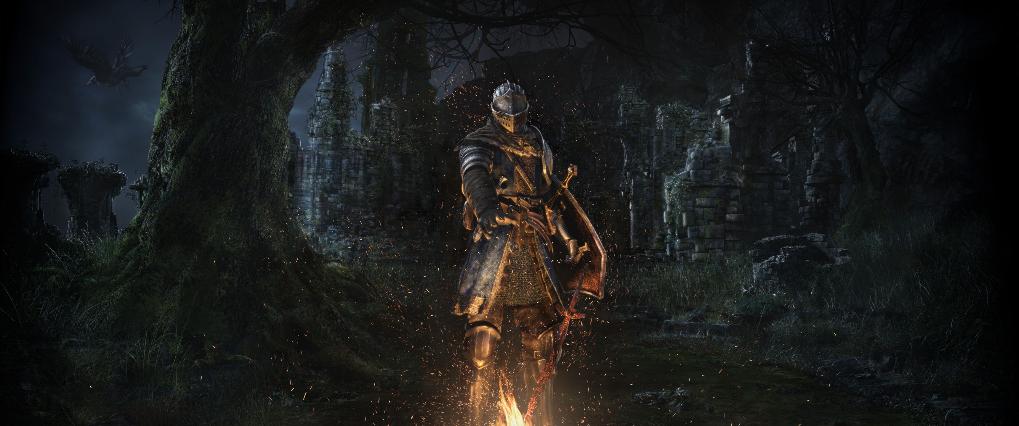 3440x1440 Dark Souls Wallpaper 4K, Bonfire, Game poster, Knight
