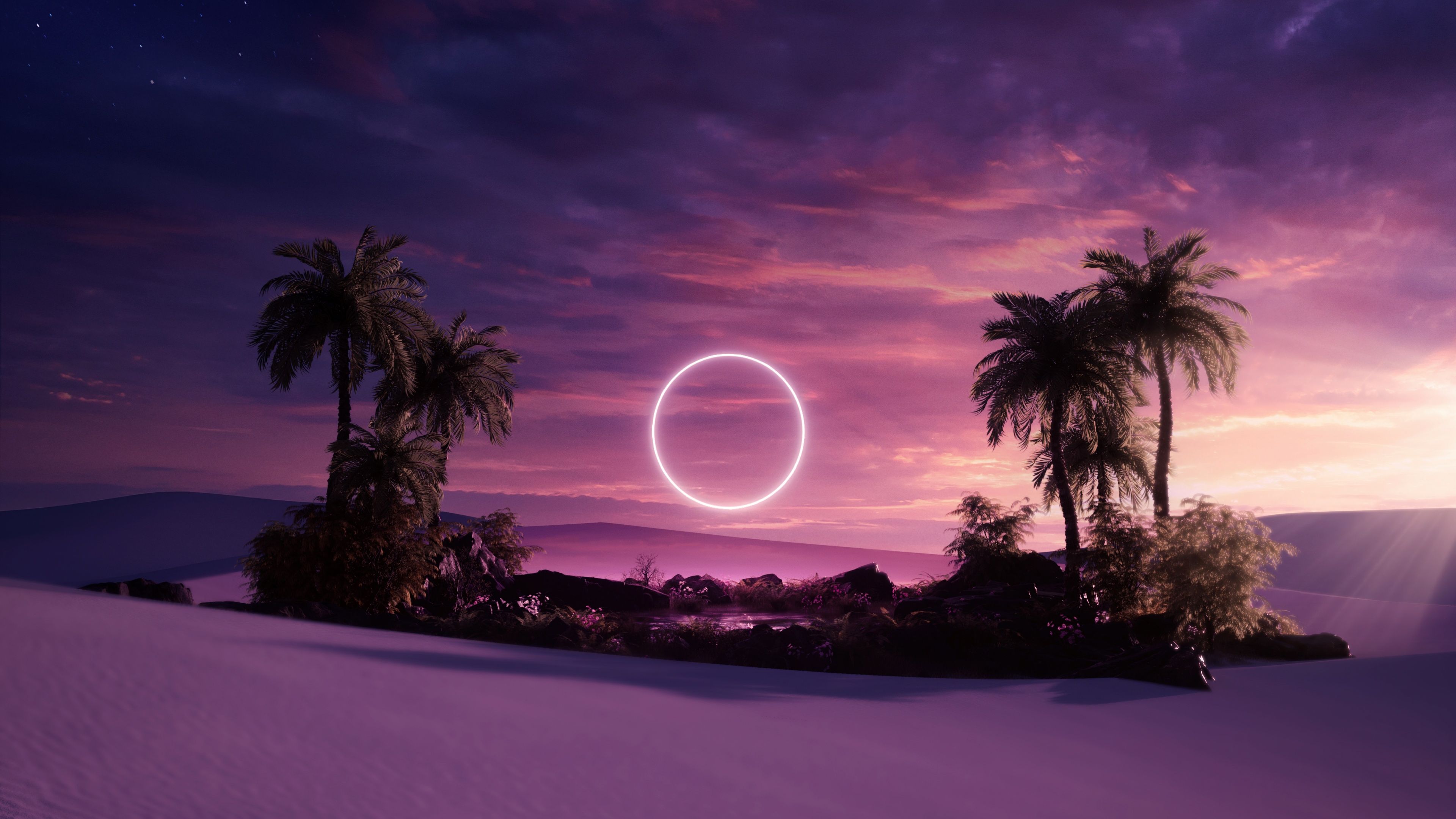 3840x2160 Surreal Wallpaper 4K, Aesthetic, Sunset, Palm trees