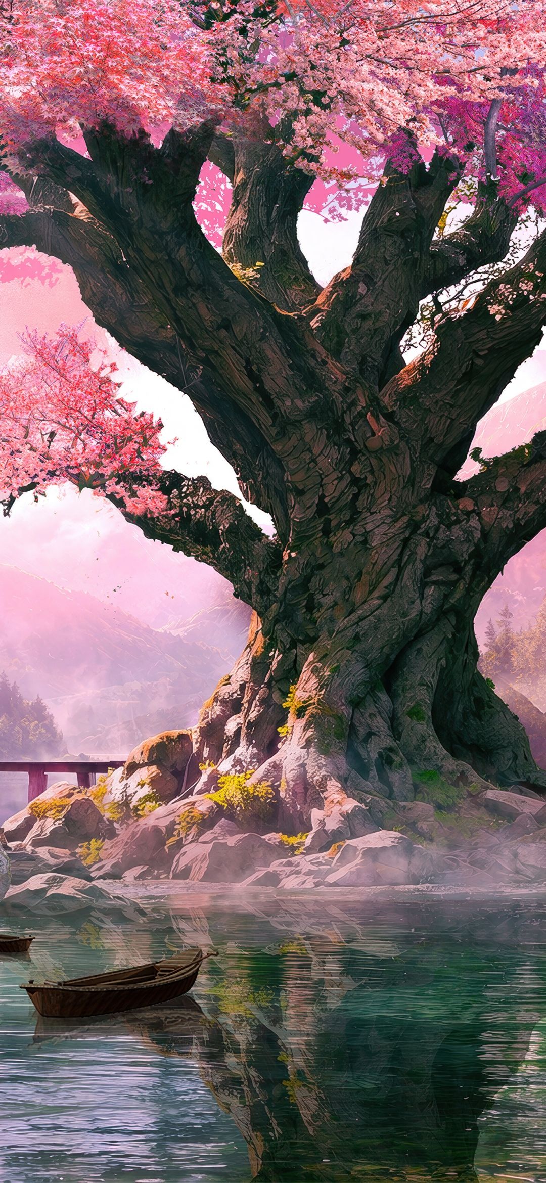 1080x2340 Surreal Wallpaper 4K, Cherry blossom, Tranquility