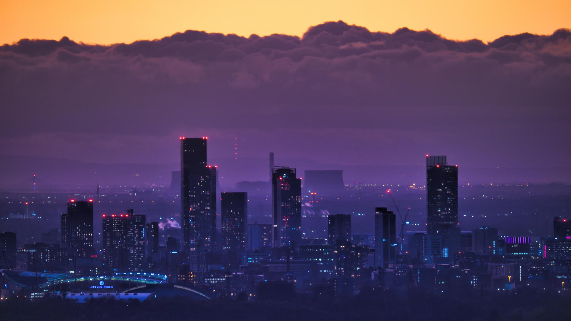 1920x1080 Manchester taken from the bottom Hartshead Pike just after sunset yesterday