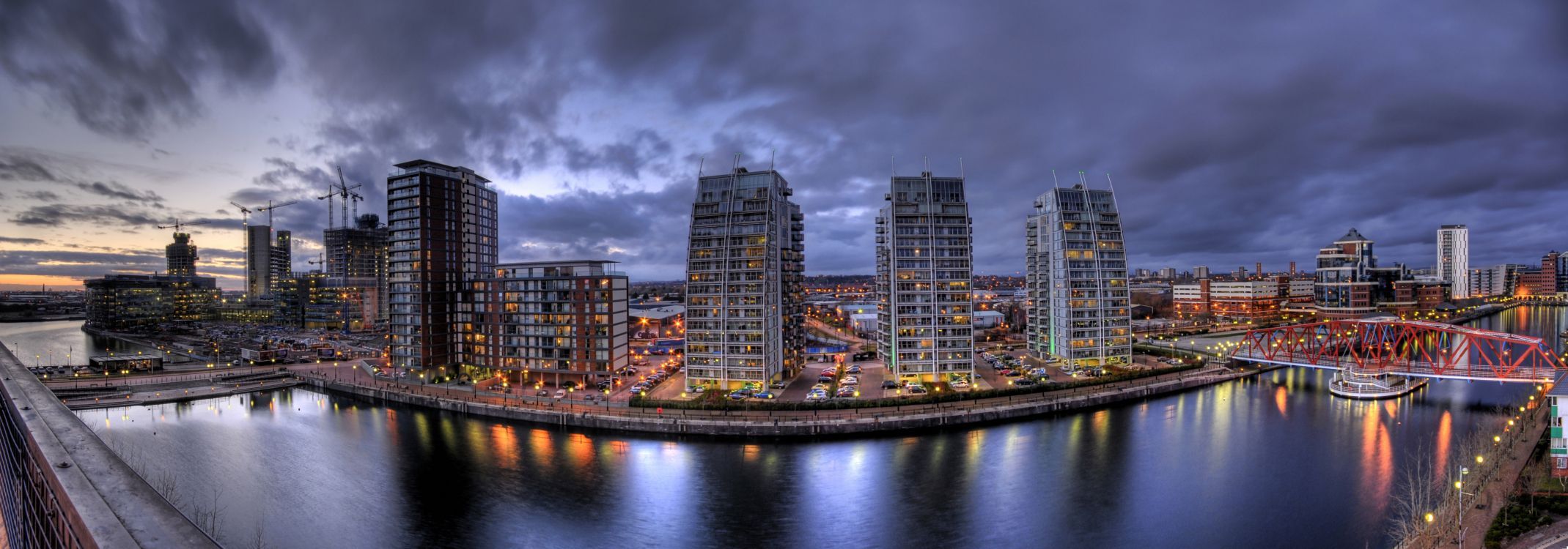 2139x750 Wallpaper City Skyline Across Body of Water During Night Time, Background Free Image