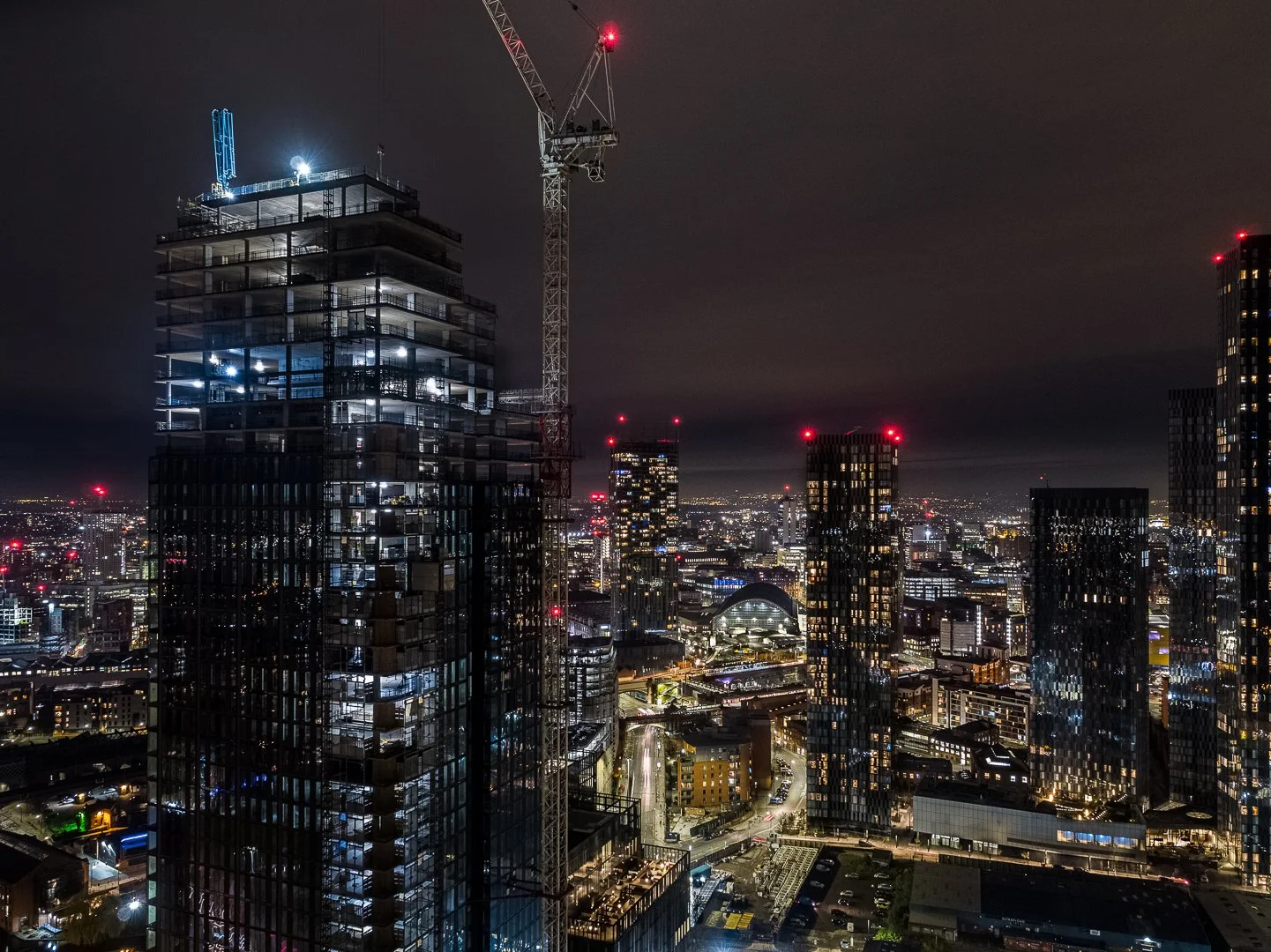 1441x1080 Aerial Photography Print of Manchester City Centre at Night