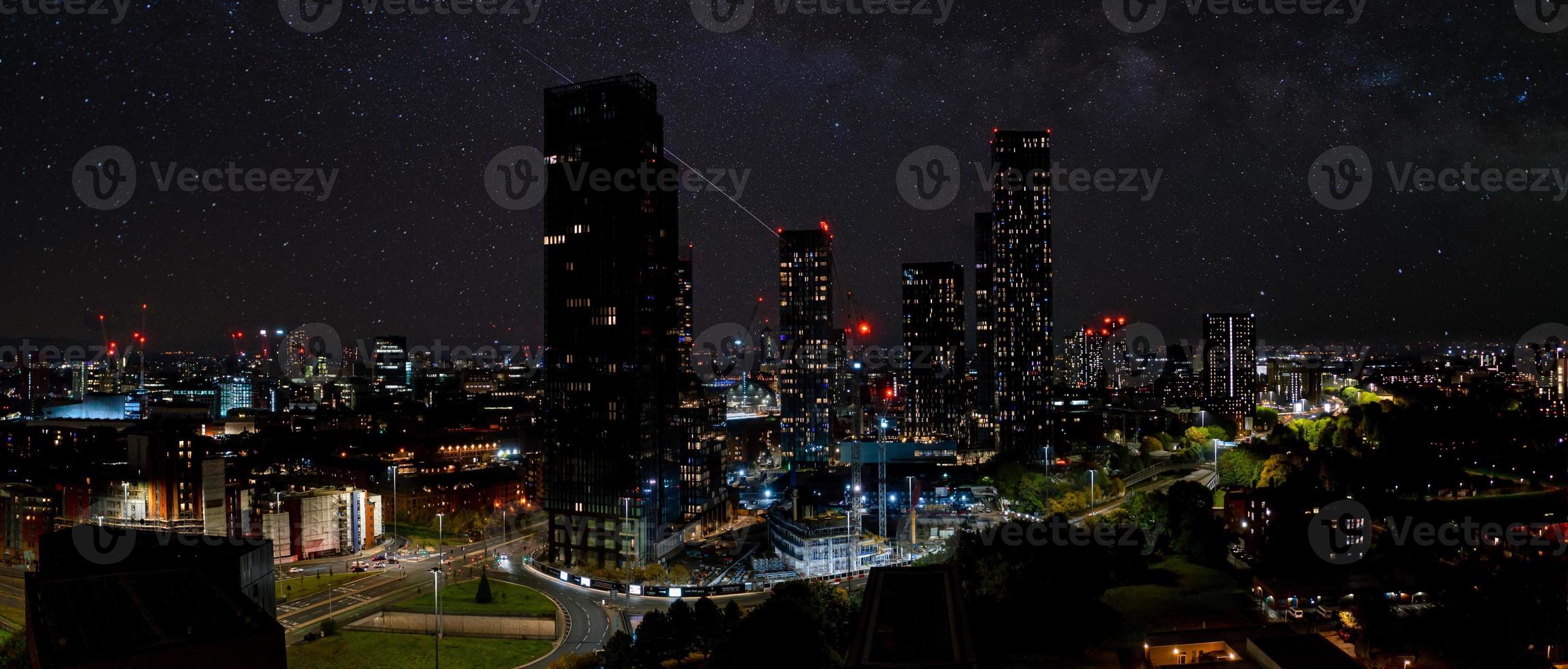 2295x980 Aerial shot of Manchester, UK at night