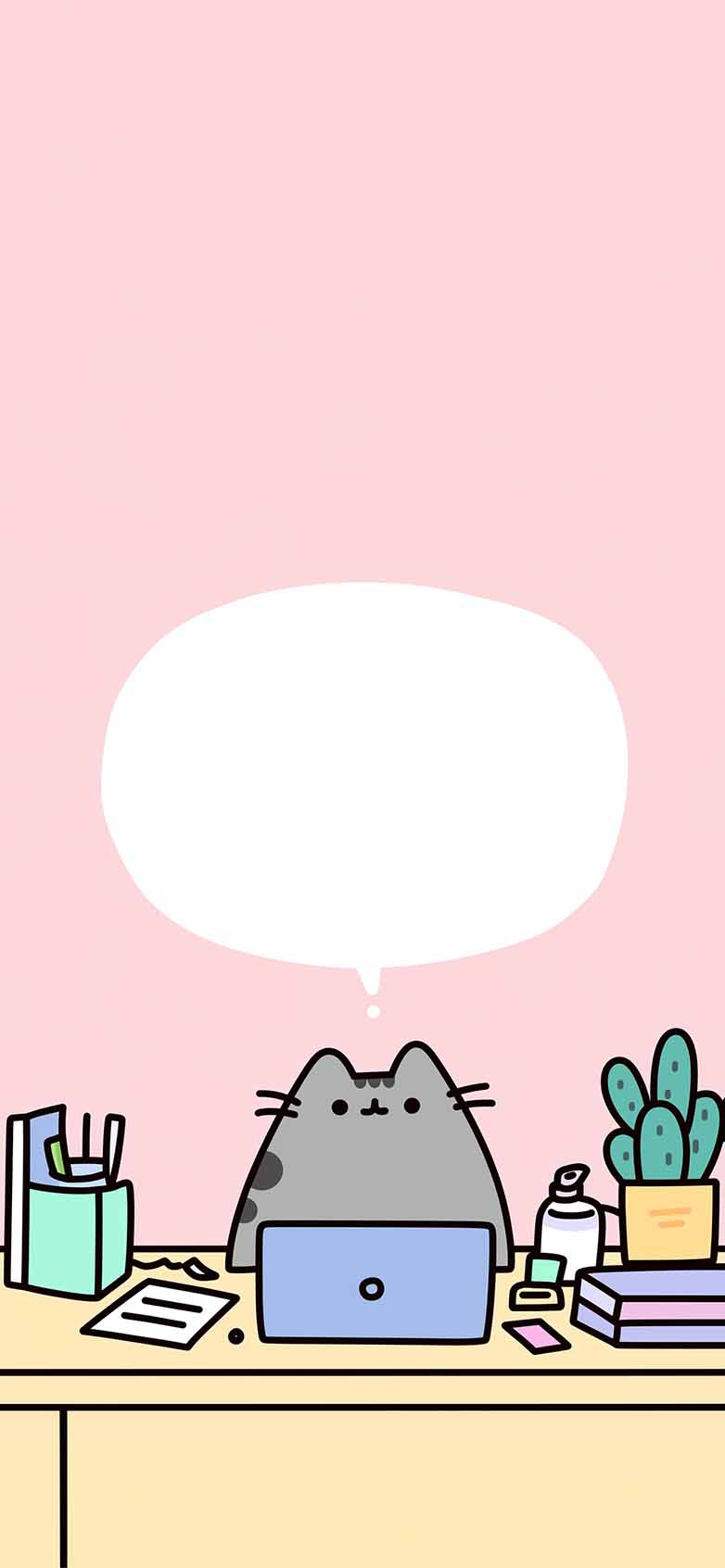 782x1692 Pusheen Desk Cute Minimal Pink Cartoon Wallpaper iPhone HD