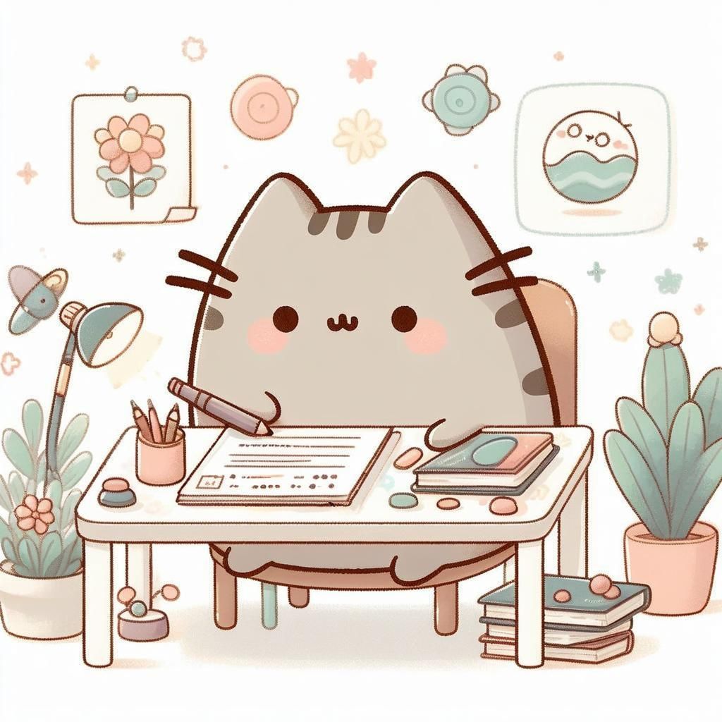 1024x1024 Pusheen Cat Studying: Pastel Nursery Art