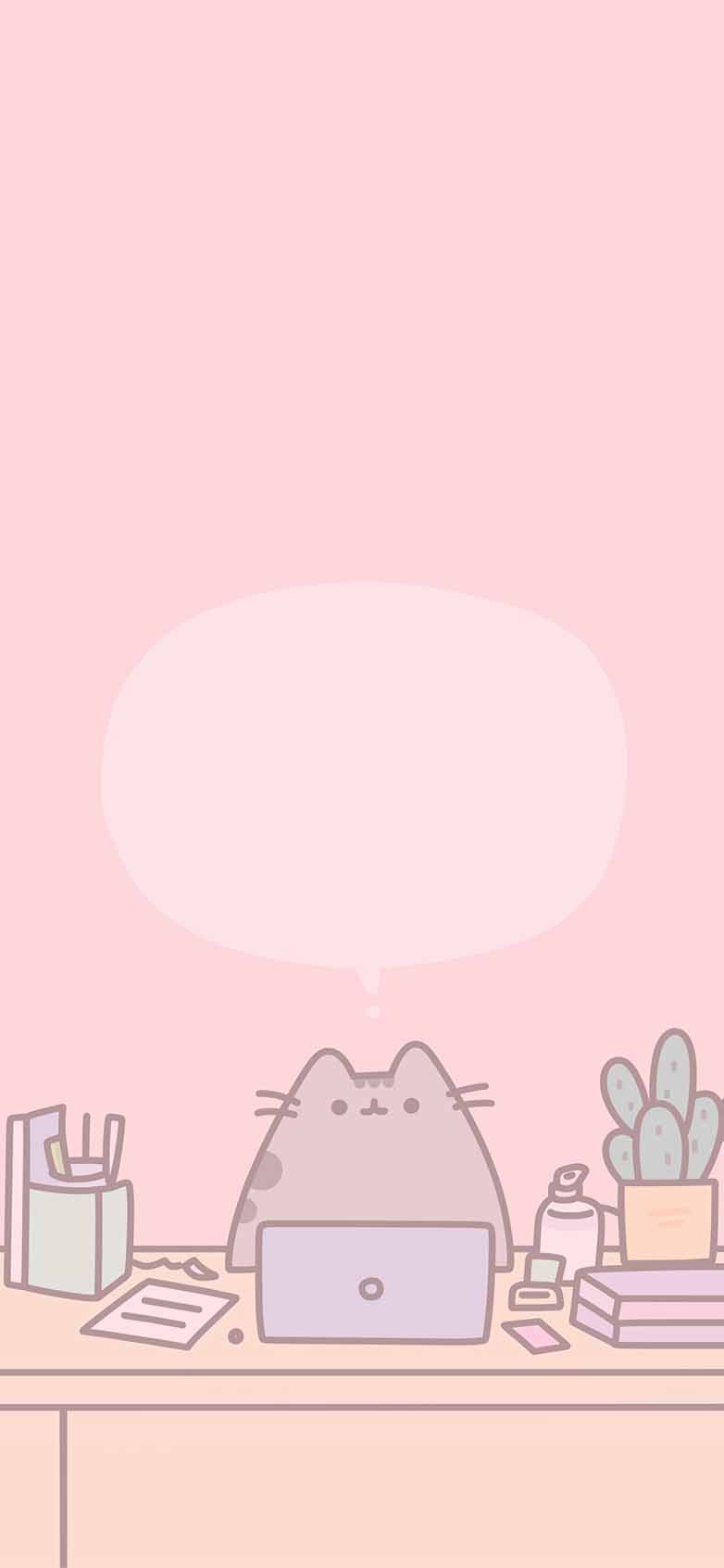 782x1692 Pusheen Desk Cute Minimal Pink Cartoon Wallpaper iPhone HD