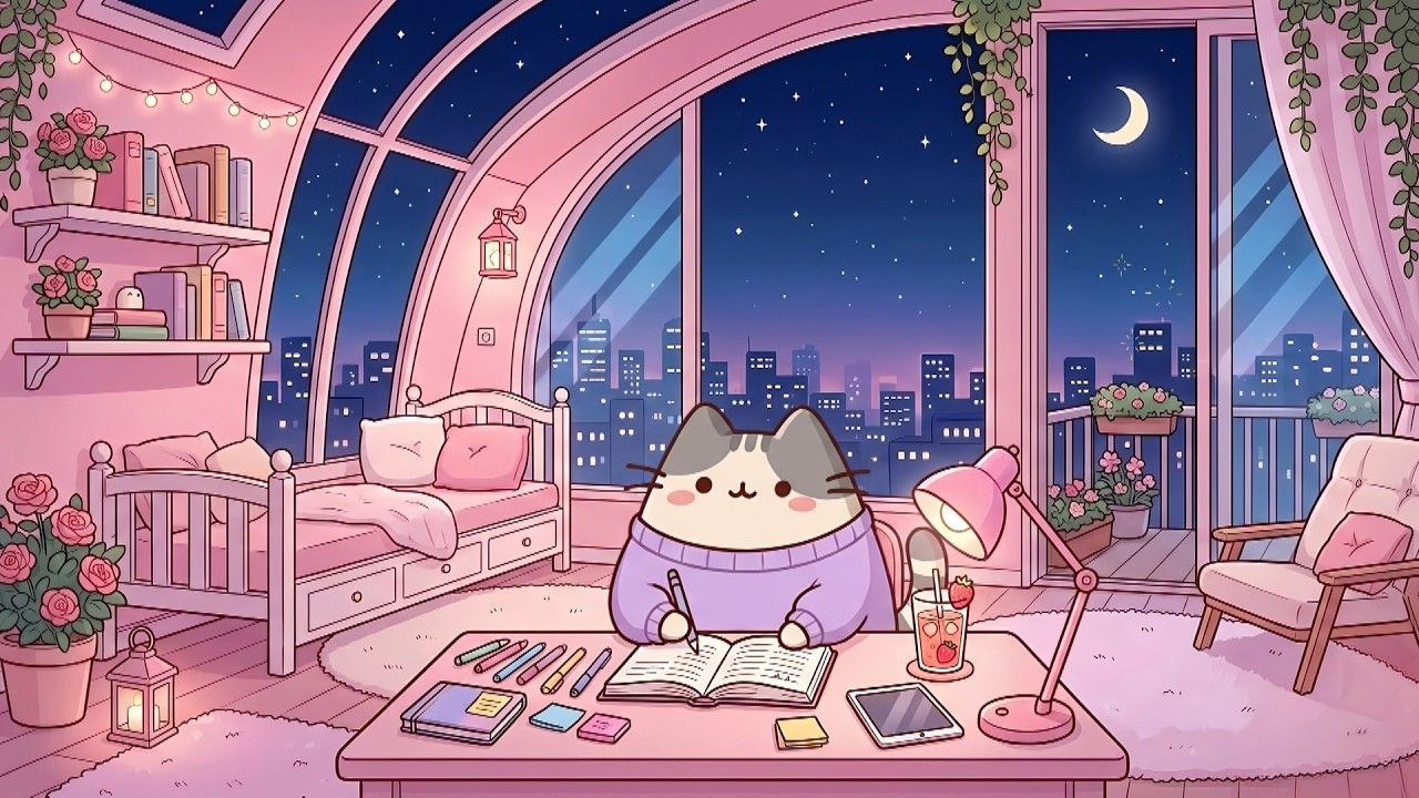1280x720 Mochi's Pink Study Room ✨ Cozy Lofi Beats