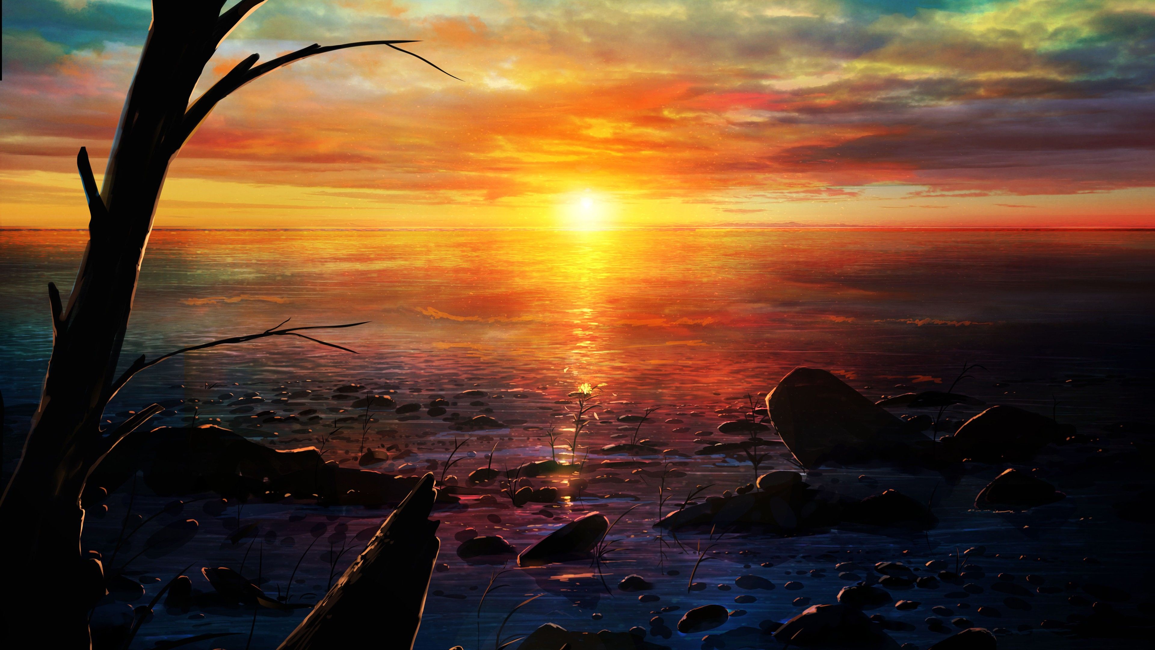 3840x2160 Anime Nature Horizon Sunset Background 4K HD Anime Wallpaper