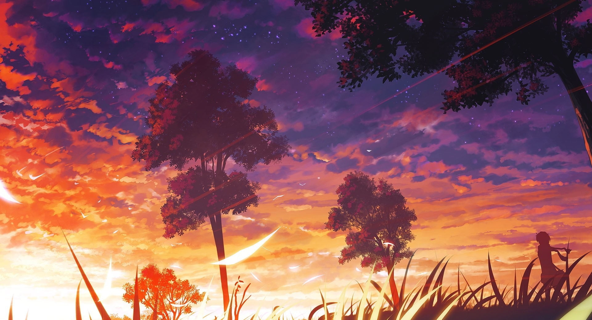 1920x1038 Red and white abstract painting, anime, landscape, sunset, artwork HD wallpaper