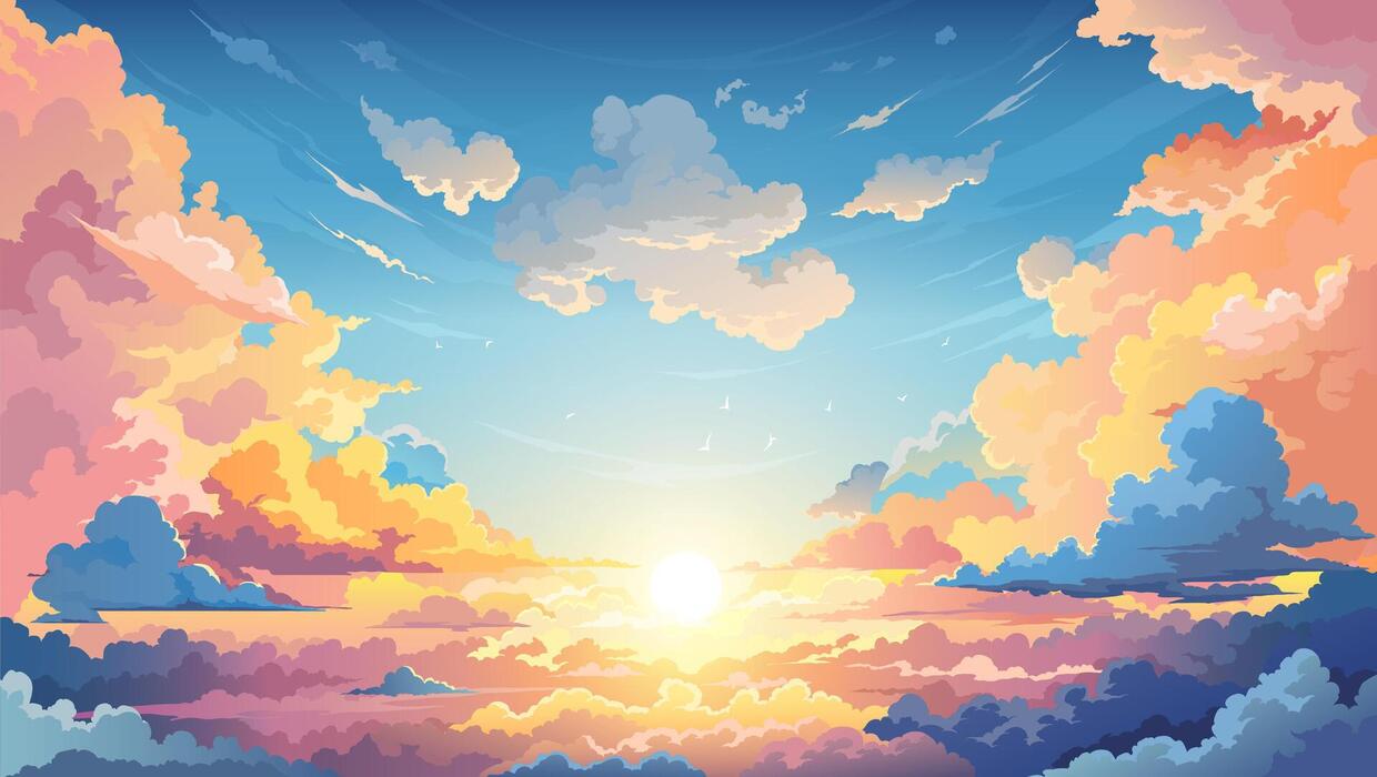 1240x700 Sky sunset anime background with clouds on horizon