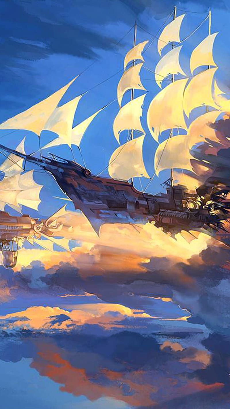 800x1422 Anime Scenery With Big Ship, anime scenery, big, ship, animation, painting, art, HD phone wallpaper