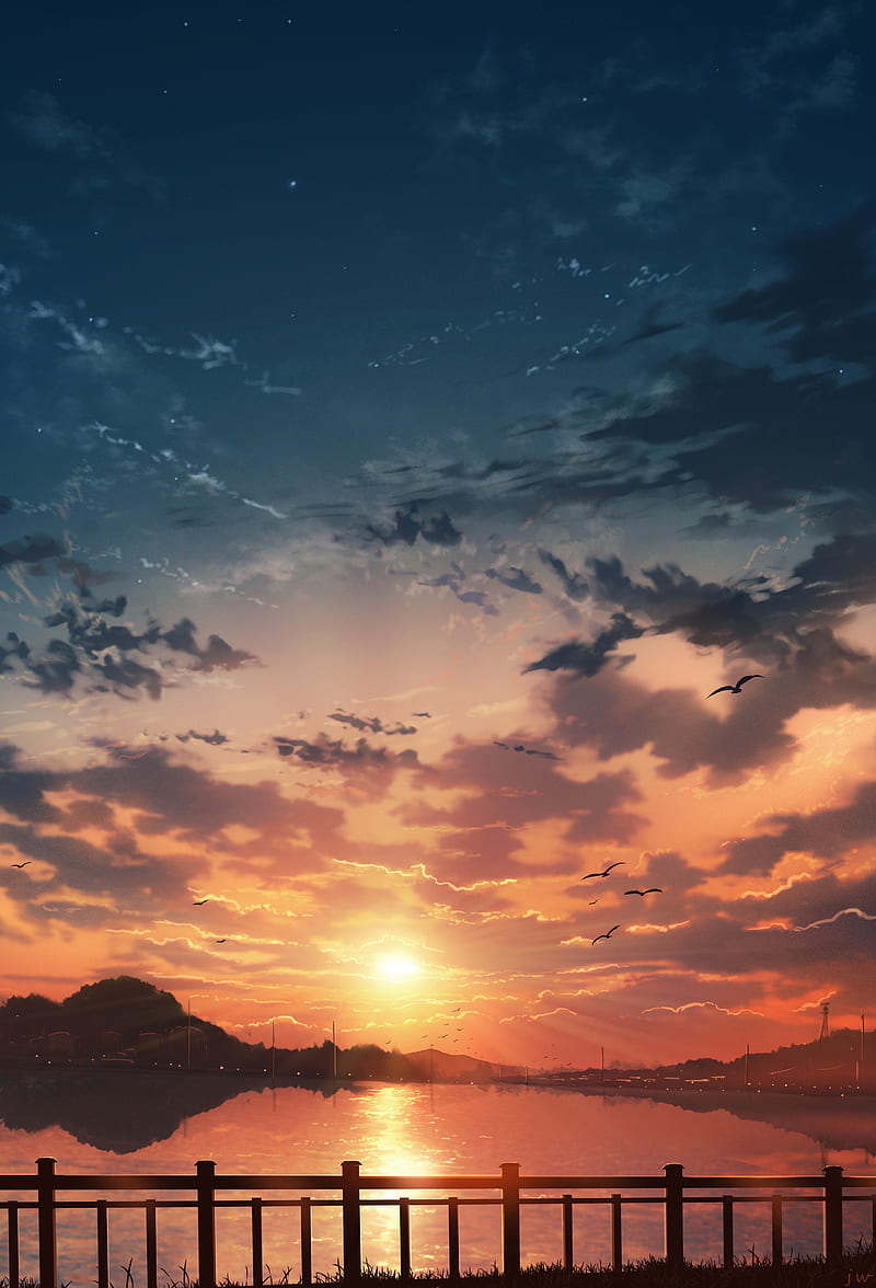 800x1176 Anime landscape, sunset, clouds, water, reflection, scenery, stars, Anime, HD phone wallpaper