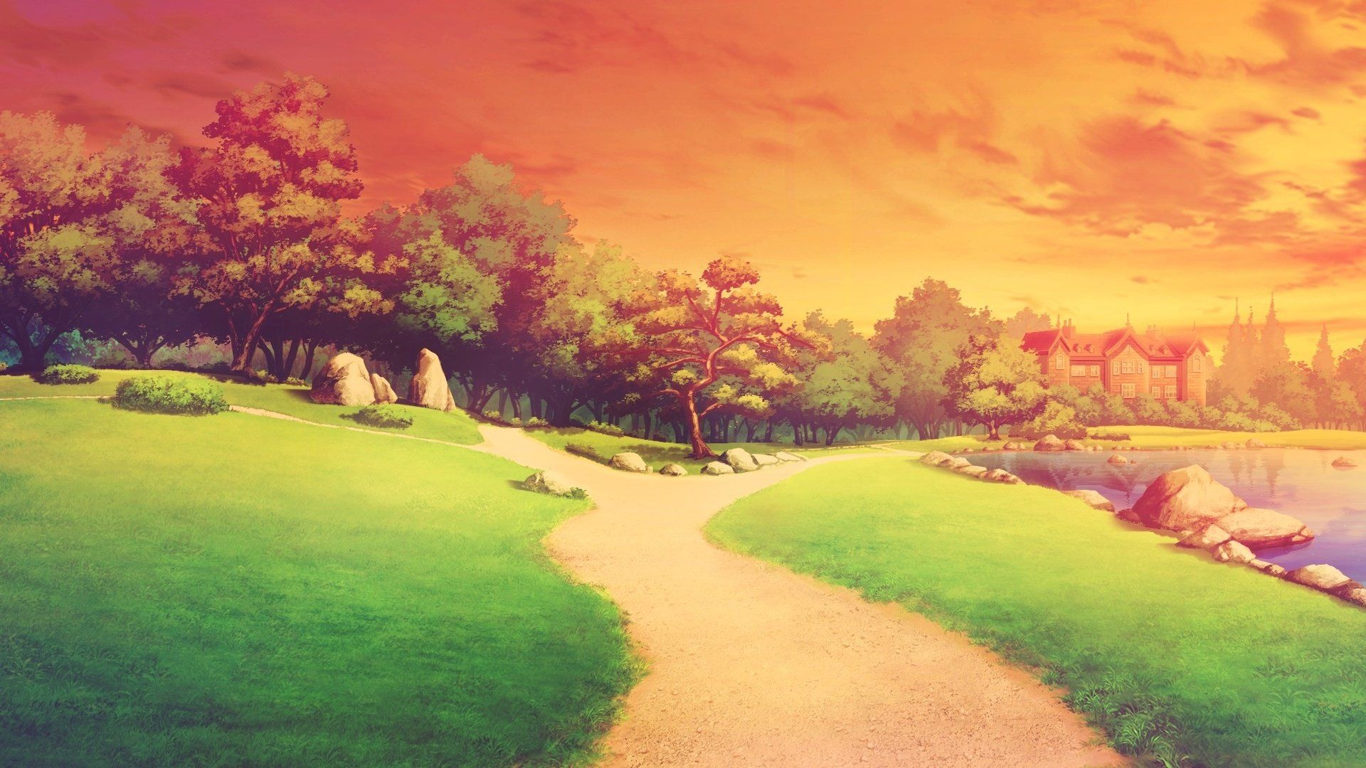 1920x1080 anime, Landscape, Sunset, Sky, Tree, House Wallpaper HD / Desktop and Mobile Background