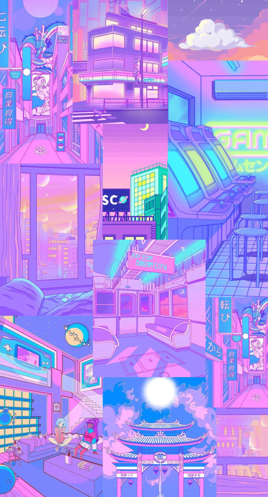 1035x1920 Download Pastel Retro Anime Cityscape Wallpaper