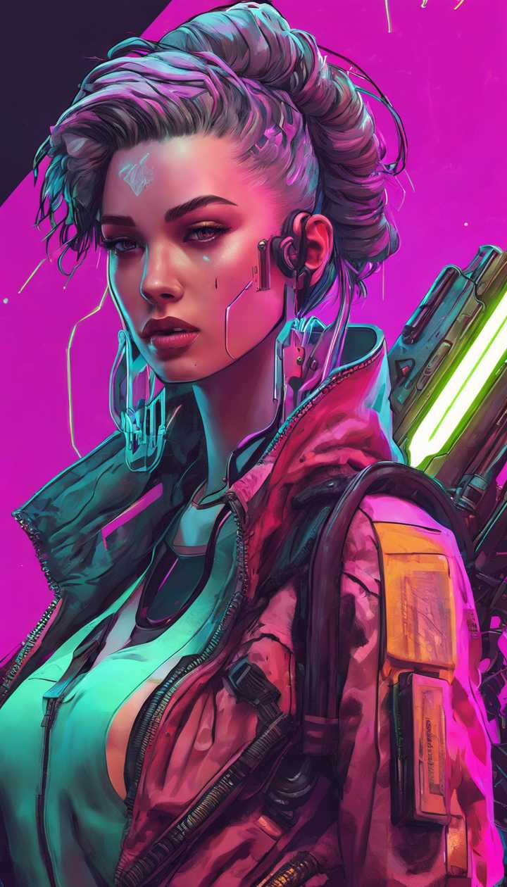 720x1260 A stylish female character in cyberpunk attire, holding a futuristic neon weapon. Wallpaper [110daa8726804105a5b7]