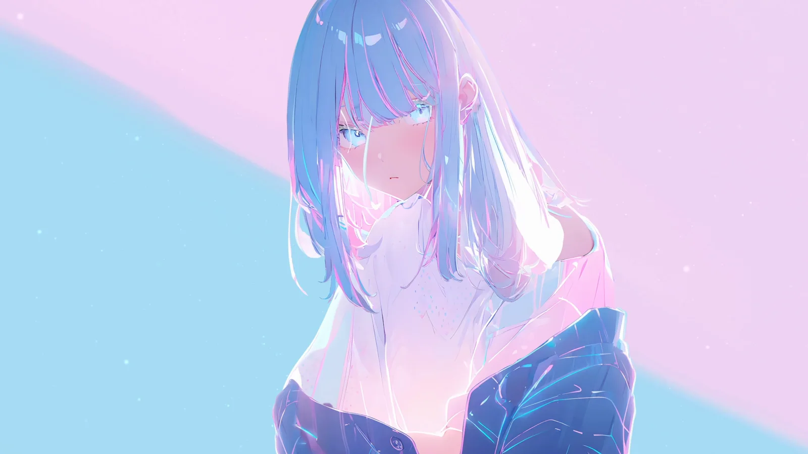 1600x900 Pastel Cyberpunk Girl and Pink Portrait Wallpaper