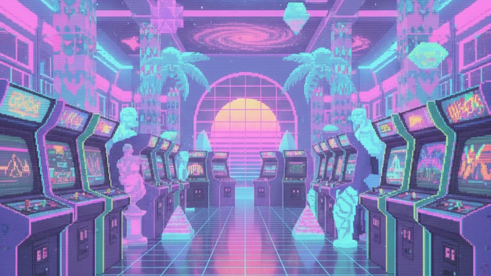 1600x900 Surreal vaporwave arcade room filled with pastel lights and old CRT screens HD vaporwave Wallpaper
