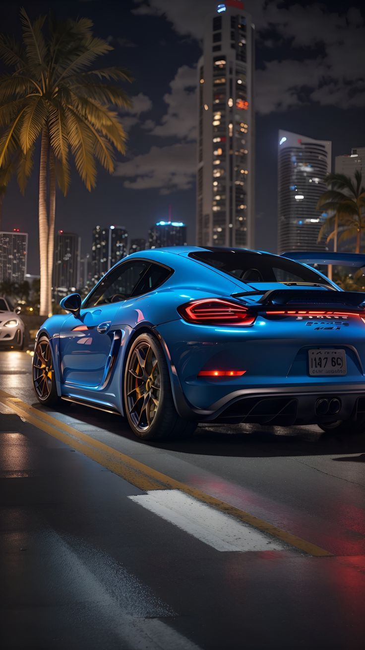 736x1308 Neon Glow Porsche 718 Cayman GT4: Cityscape at Midnight Wallpaper