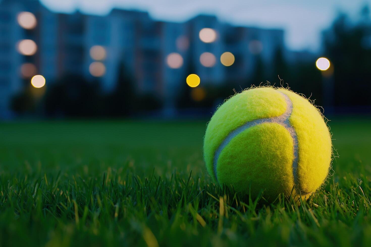 1470x980 Tennis Ball on Grass at Dusk, City Lights Blurred in Background