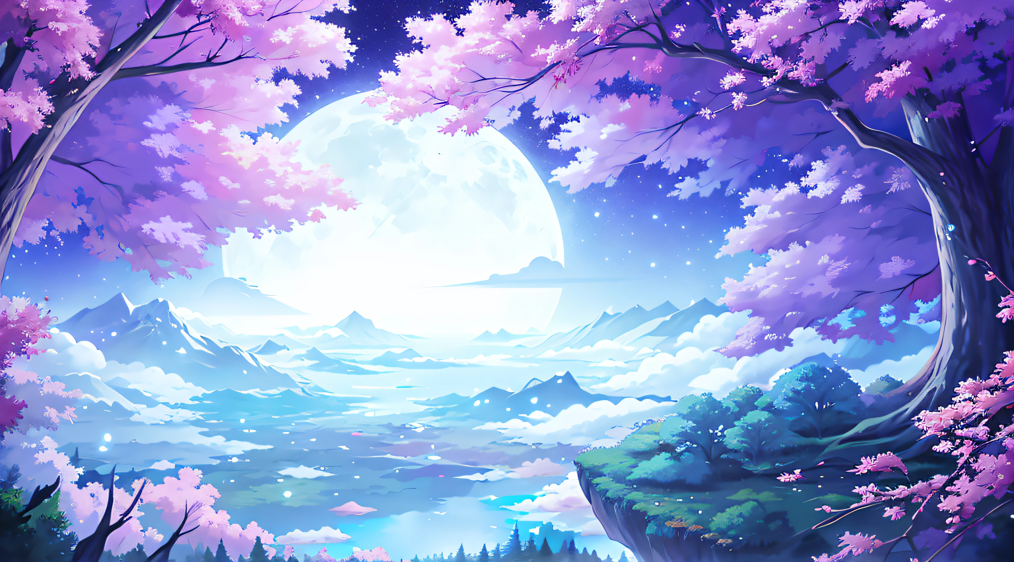 4096x2272 Anime scenery of a mountain lake with a full moon in