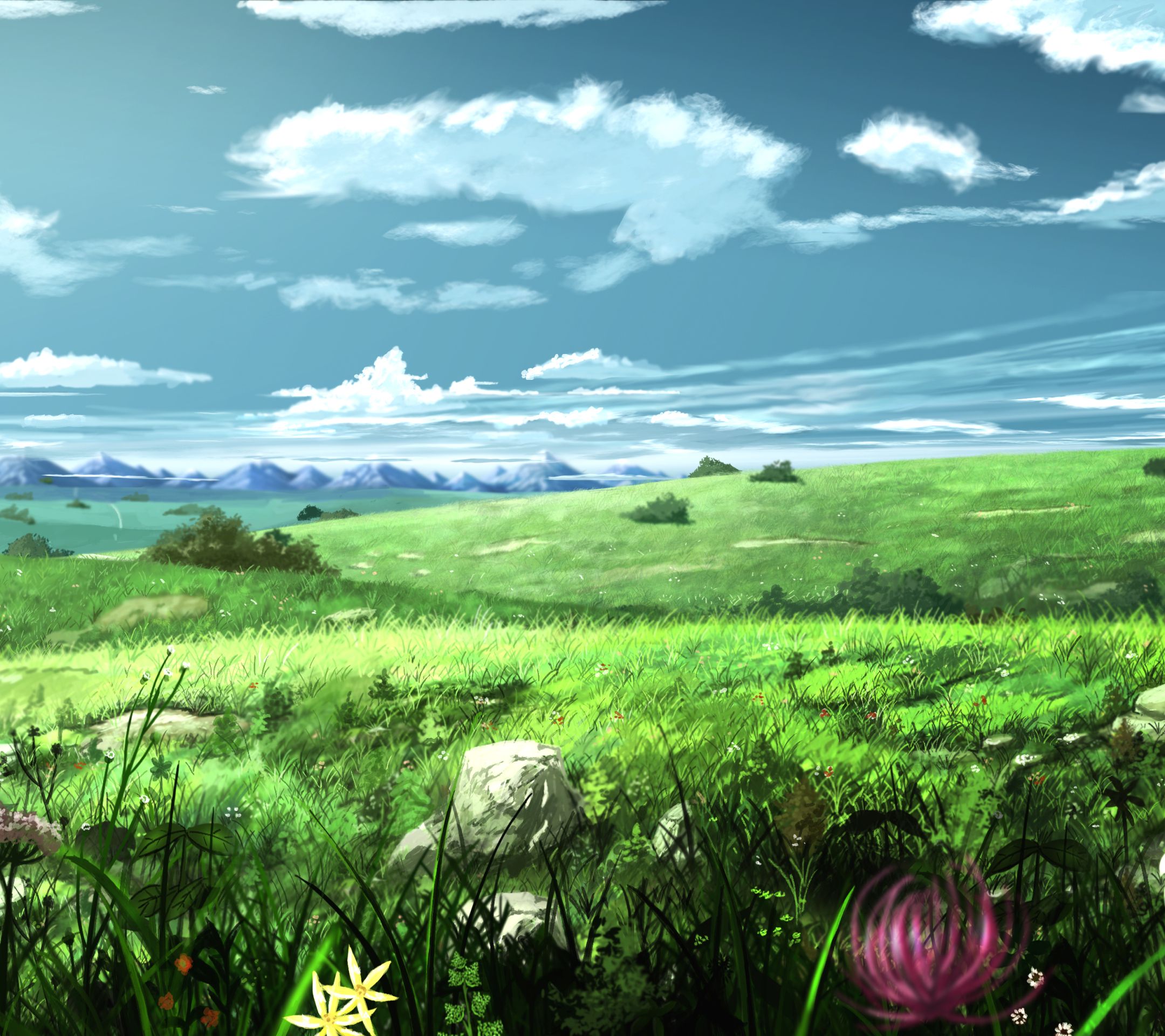 2160x1920 Desktop wallpaper: Anime, Landscape, Scenery, Flower, Mountain 4K free download for PC. 1259889