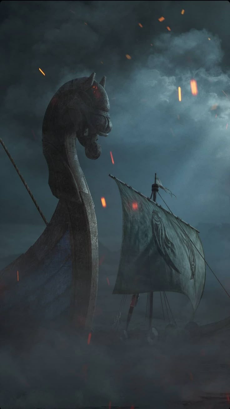 736x1308 Viking Ship with Dragon in the Sky. Viking ship fantasy art, Norse mythology wallpaper hd