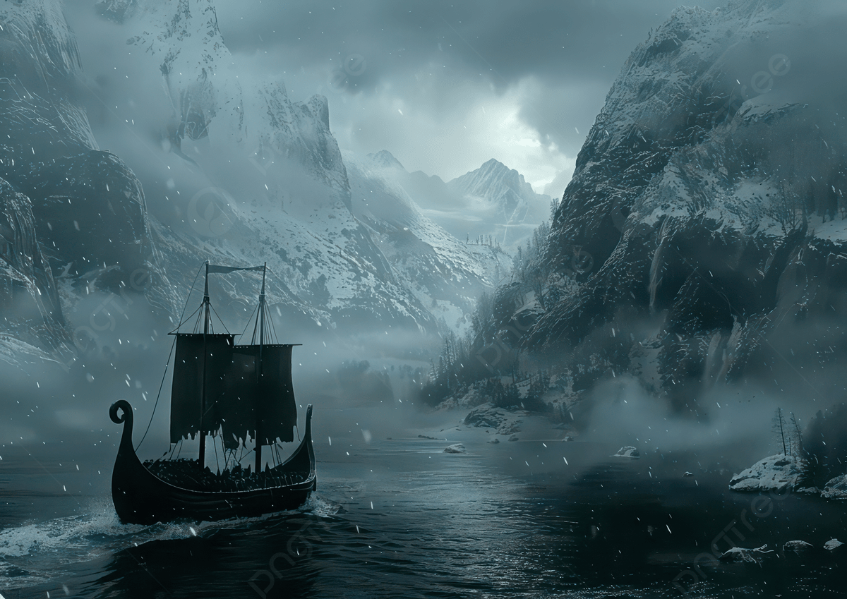 1200x849 A Dark Atmospheric Scene Featuring Viking Ship Navigating Through Snowy Mountainous Landscape Photo And Picture For Free Download