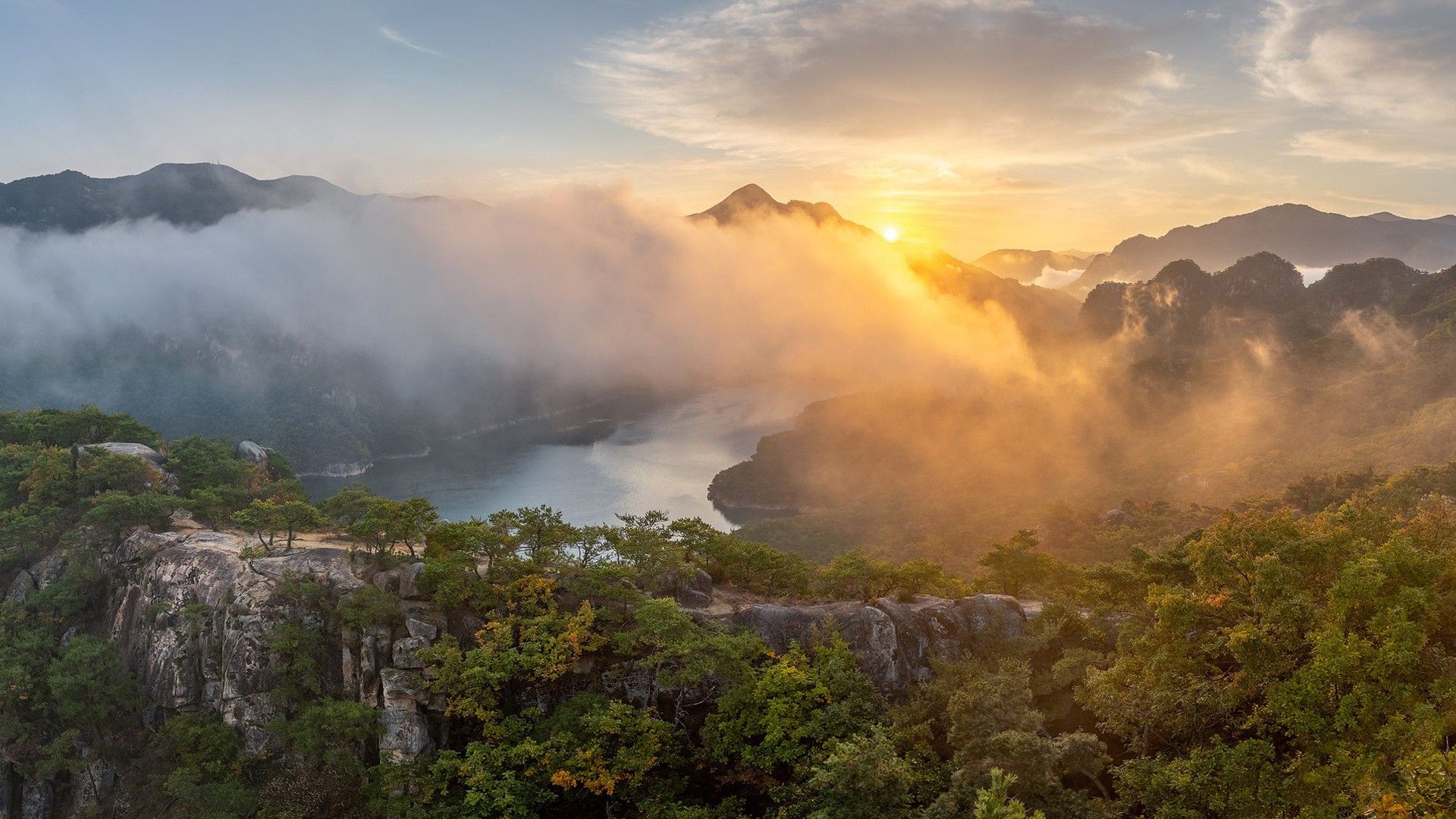 1920x1080 Chungjuho Lake With Fog Mountain South Korea HD Nature Wallpaper