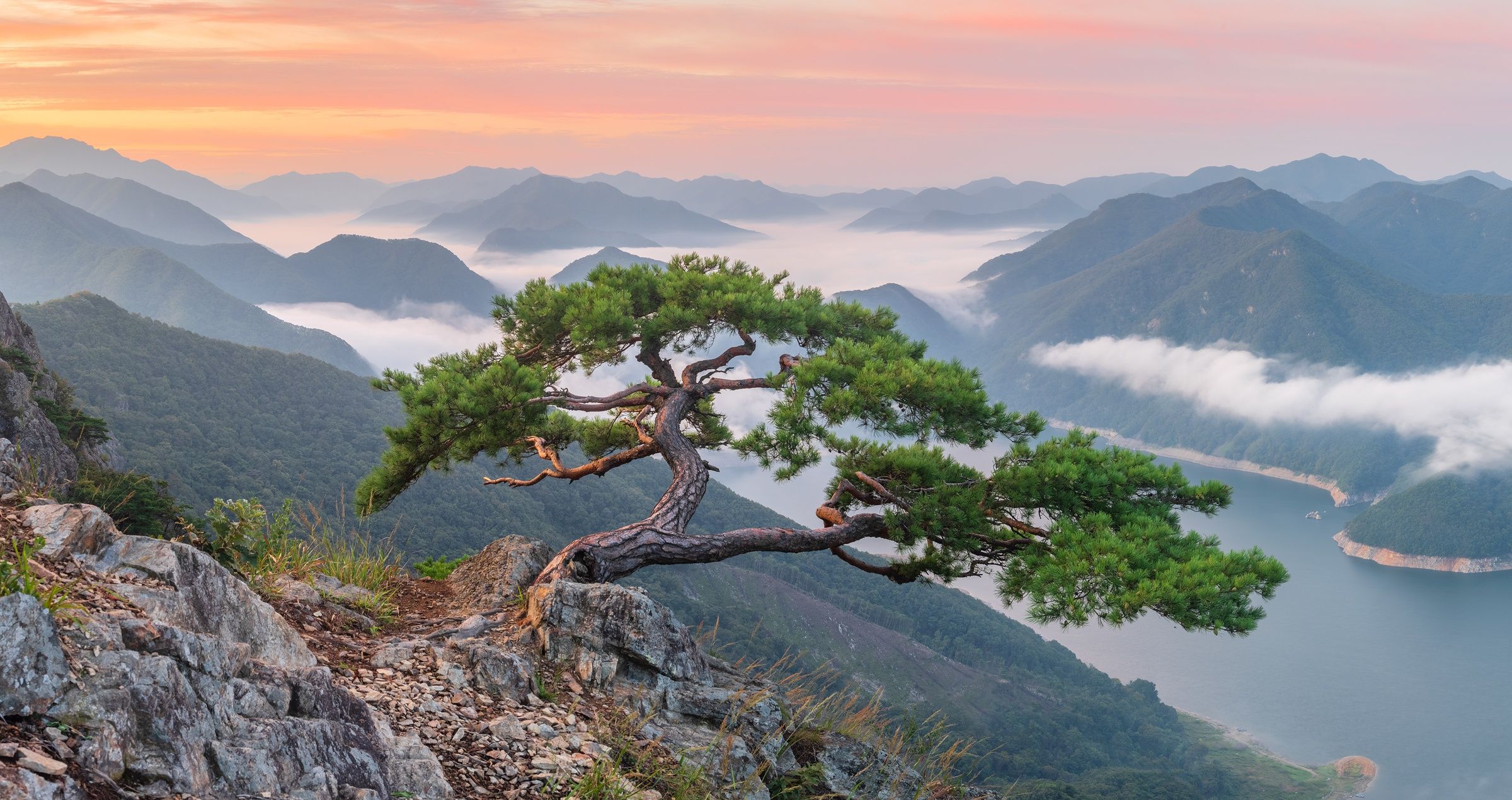 2400x1270 Misty Mountain River: Serene South Korea Nature Landscape HD Wallpaperx1270