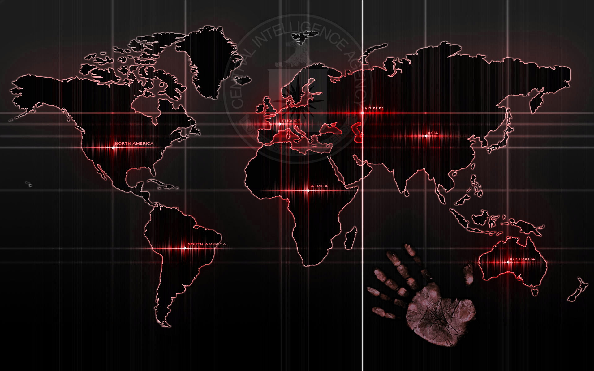 1920x1200 Red and black world map, handprints, map, technology, streaks HD wallpaper