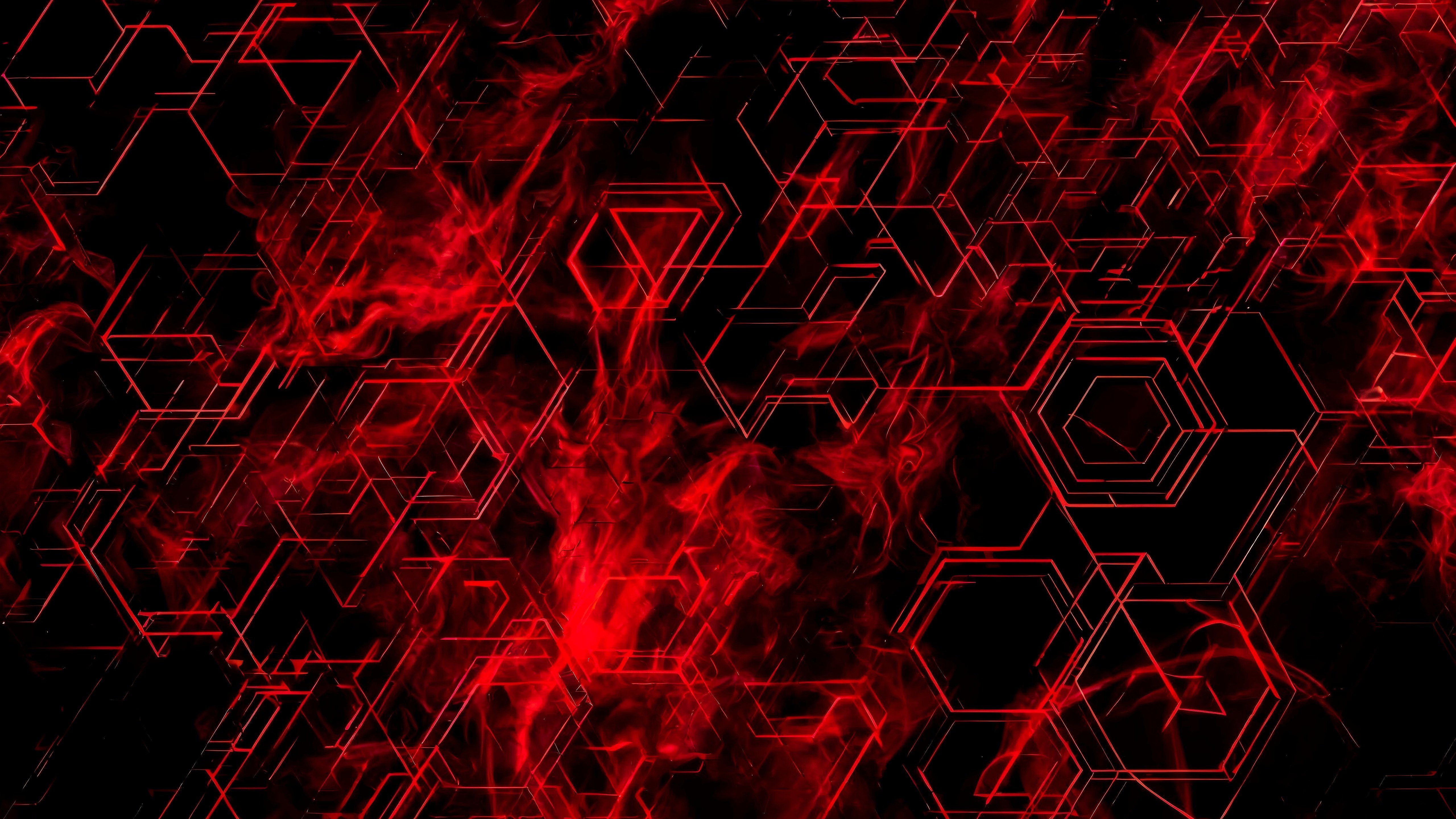 5120x2880 Abstract Red Hexagon Pattern with Fire Art Wallpaper 4K for Desktop