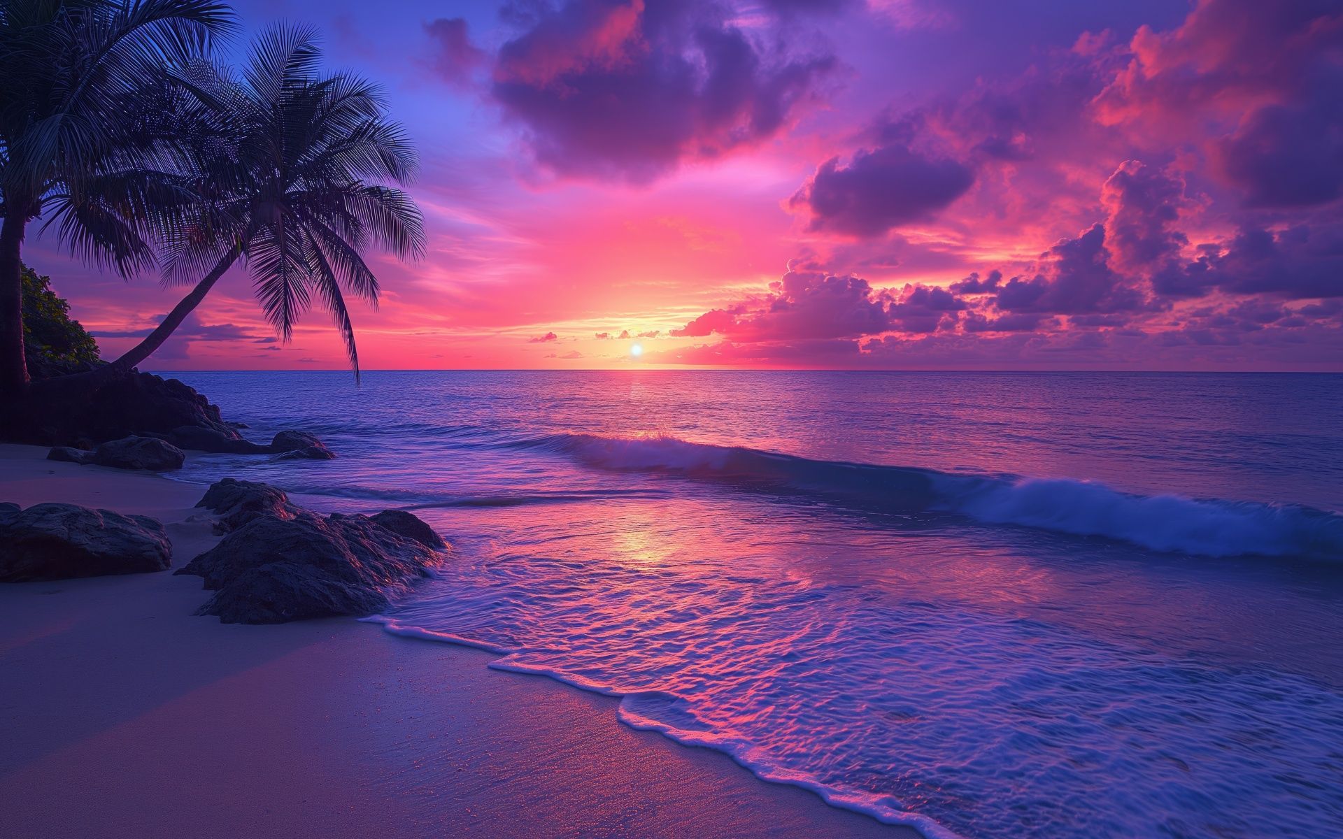 1920x1200 Tropical beach Wallpaper 4K, Aesthetic, Sunset, Purple sky