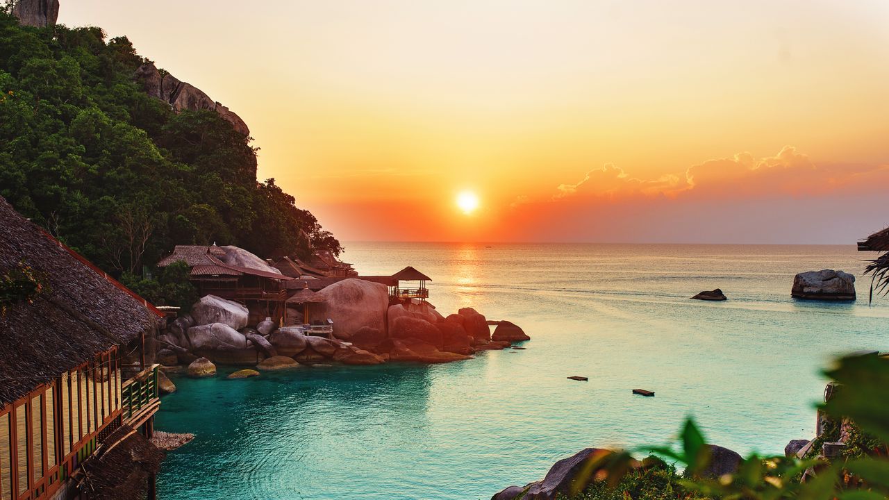 1280x720 Wallpaper ocean, horizon, sunset, beach, vegetation hd, picture, image