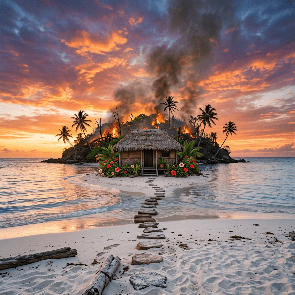 1024x1024 Serene Tropical Island Oasis At Sunset. AI Art Generator. Easy Peasy.AI