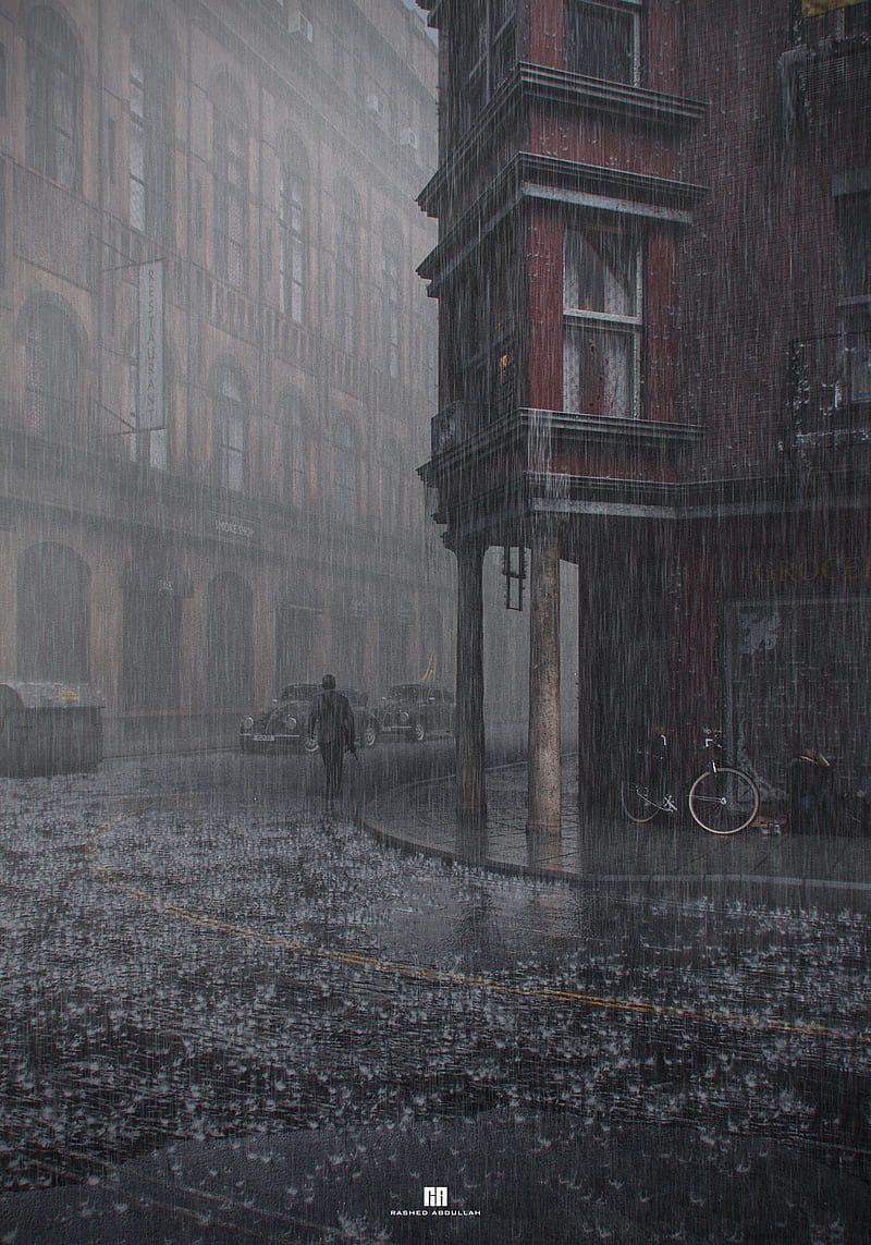 800x1143 3D, CGI, city, street, ArtStation, artwork, rain, HD phone wallpaper