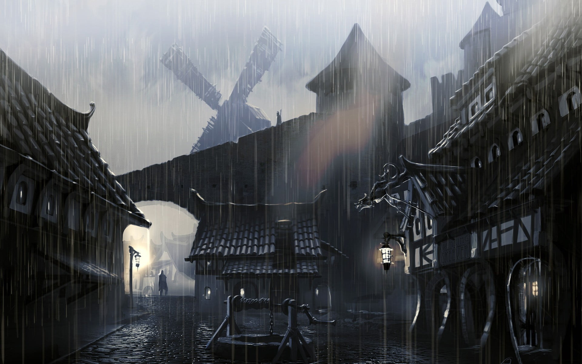 1920x1200 Black tavern painting, rain, village, building, fantasy art HD wallpaper
