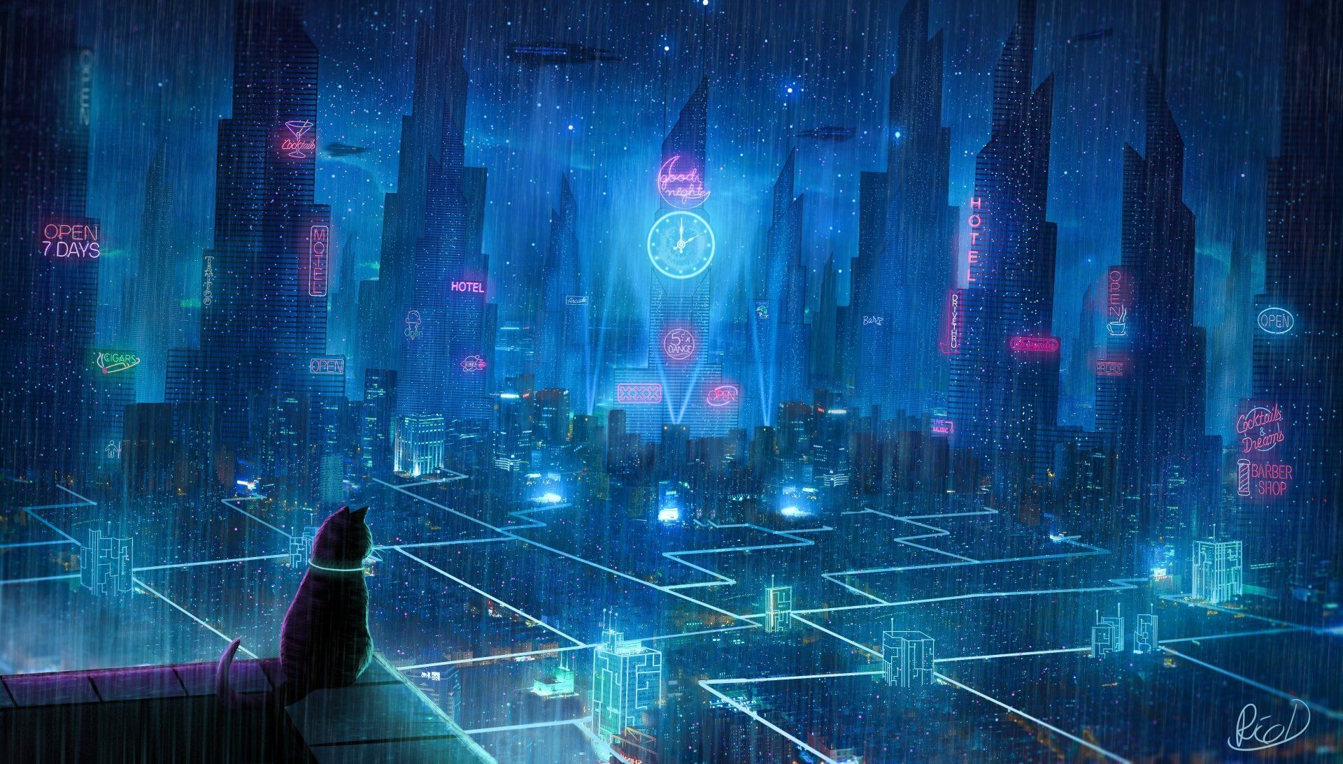1920x1093 Sci Fi City In Rain With Cat Ultra HD Wallpaper By Rico De Zoysax2824