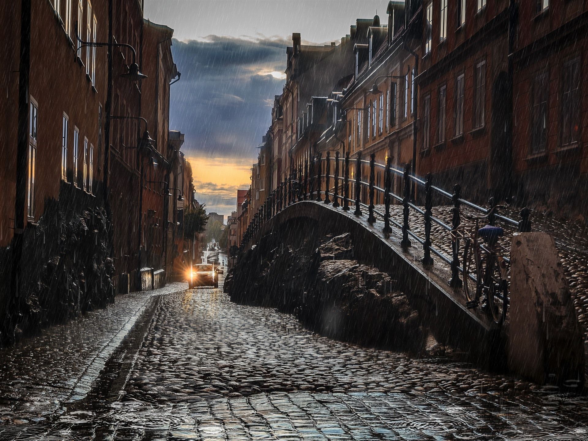 1920x1440 Wallpaper City, rain, road, buildings 2560x1600 Picture, Image