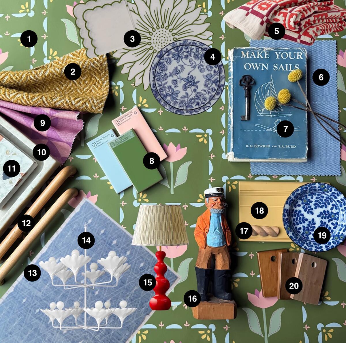 1200x1190 Gray Benko and Chelcie Eastman's cheerful collage of cottagecore wallpaper, petaled place mats and indigo plates