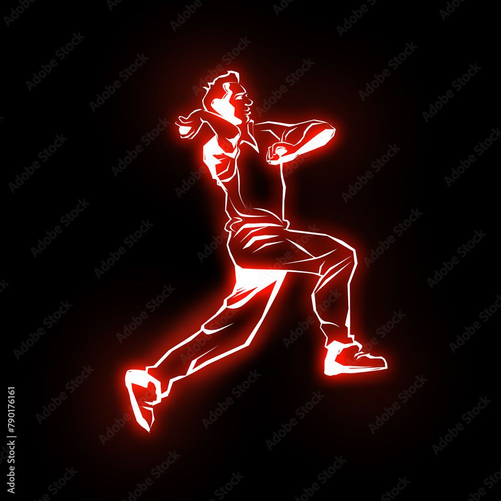 1000x1000 Bowler bowling in cricket championship sports. Cricket Fast Bowler, neon light effect, dark full dark background. cricket bowler in action. Neon glow cricket player. Stock Illustration