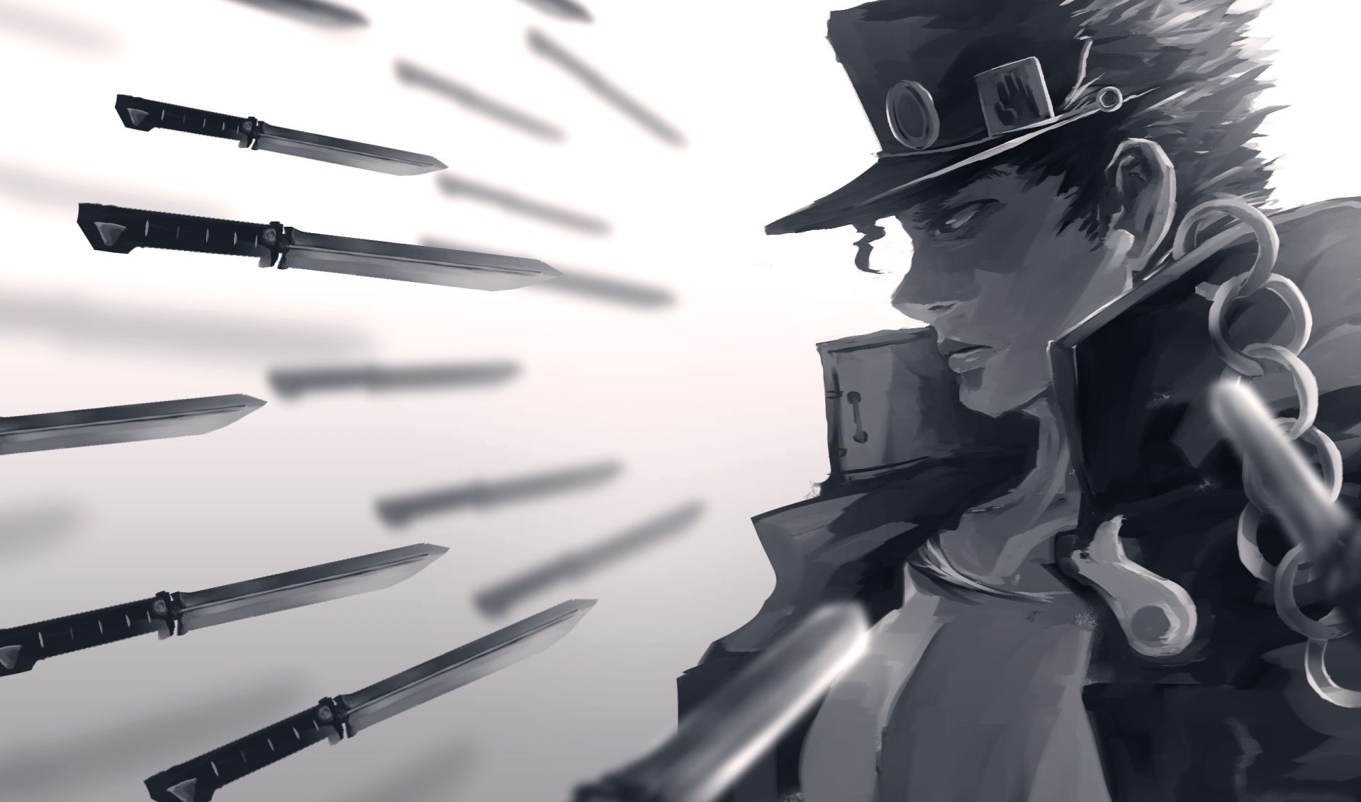 1920x1132 Desktop wallpaper: Jojo's Bizarre Adventure, Jotaro Kujo, Anime, Hat, Jojo's Bizarre Adventure: Stardust Crusaders, Knife 4K free download for PC. 936986