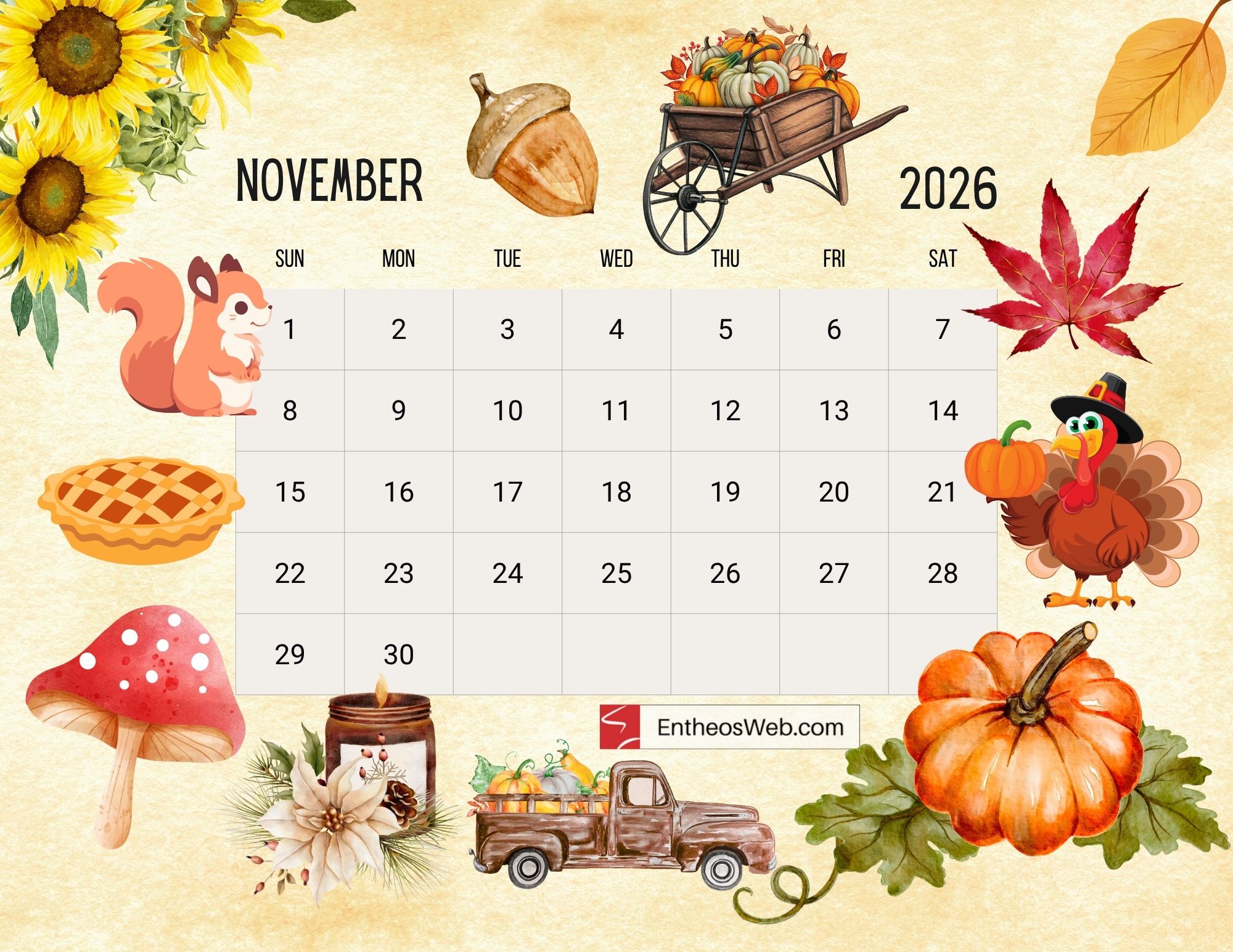 2000x1545 Thanksgiving November Printable Calendar